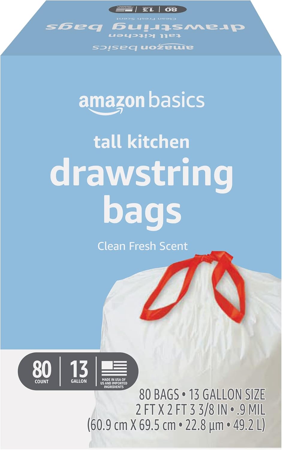 Amazon Basics Tall Kitchen Drawstring Trash Bags, Clean Fresh Scent, 13 Gallon, 80 Count (Previously Solimo) Amazon Basics Tall Kitchen Drawstring Trash Bags, Clean Fresh Scent, 13 Gallon, 80 Count (Previously Solimo)