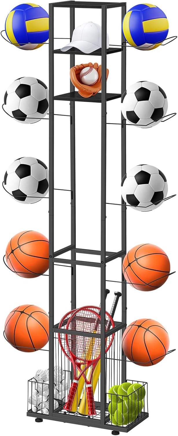 CADUKE Ball Holder Stand, Basketball Rack for Balls, 5-Tier Vertical Ball Storage for Home Garage Indoor Outdoor Ball Storage, Black CADUKE Ball Holder Stand, Basketball Rack for Balls, 5-Tier Vertical Ball Storage for Home Garage Indoor Outdoor Ball Storage, Black