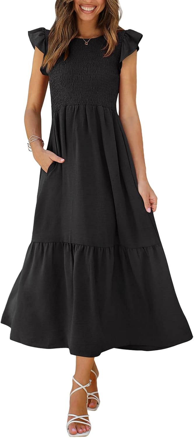OFEEFAN Women’s Casual Maxi Dresses with Pockets Ruffle Sleeve Smocked Dress XS-2XL OFEEFAN Women’s Casual Maxi Dresses with Pockets Ruffle Sleeve Smocked Dress XS-2XL