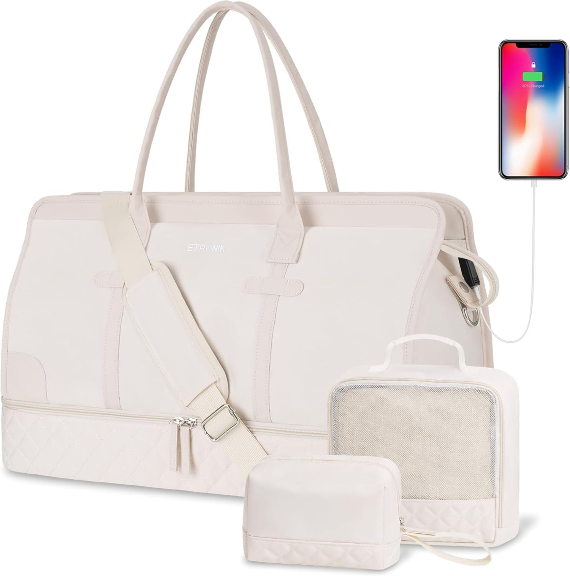ETRONIK Weekender Overnight Bags for Women, Large Travel Duffle Bags with Shoe Compartment & Wet Pocket, Carry On Tote Bag Gym Duffel Bag with Toiletry Bags for Hospital 3 Pcs Set, Large Size, Beige ETRONIK Weekender Overnight Bags for Women, Large Travel Duffle Bags with Shoe Compartment & Wet Pocket, Carry On Tote Bag Gym Duffel Bag with Toiletry Bags for Hospital 3 Pcs Set, Large Size, Beige