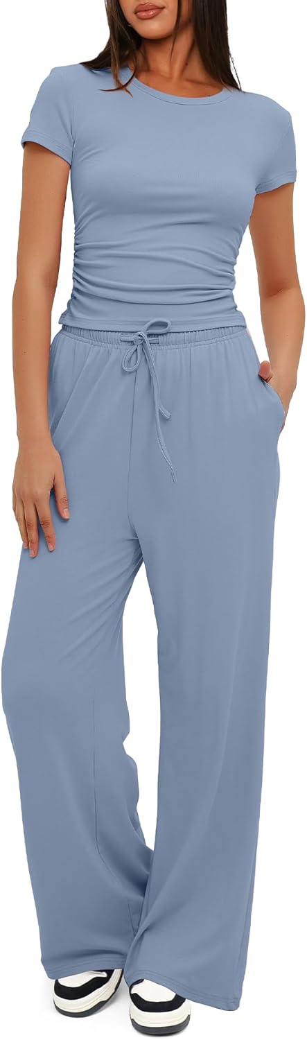 Darong Women’s 2 Piece Outfits Lounge Sets Ruched Short Sleeve Tops High Waisted Wide Leg Pants Tracksuit Sets Darong Women’s 2 Piece Outfits Lounge Sets Ruched Short Sleeve Tops High Waisted Wide Leg Pants Tracksuit Sets