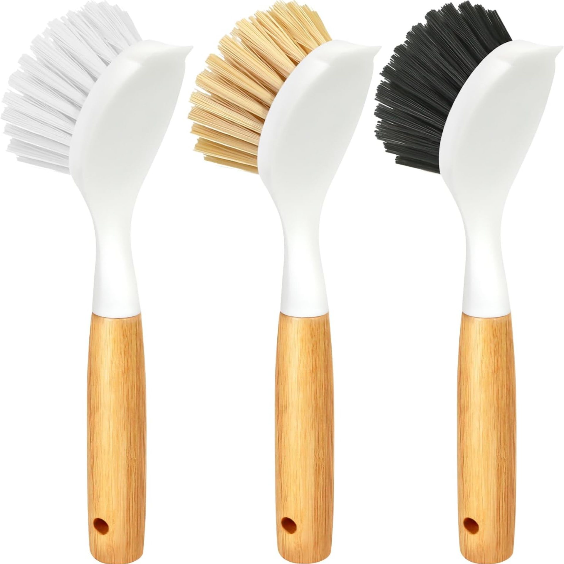 Holikme 3 Pack Dish Brush Set with Bamboo Handle, Kitchen Brushes for Cleaning Pot, Sink and Stove, Skillet Scrubber with Tough Bristles for Cast Iron Grill Pan, Yellow White Black Holikme 3 Pack Dish Brush Set with Bamboo Handle, Kitchen Brushes for Cleaning Pot, Sink and Stove, Skillet Scrubber with Tough Bristles for Cast Iron Grill Pan, Yellow White Black