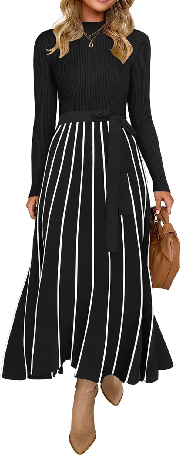 ZESICA Womens Spring Turtleneck Long Sleeve Sweater Dress Tie Waist Casual Loose Ribbed Knit A Line Midi Dresses ZESICA Womens Spring Turtleneck Long Sleeve Sweater Dress Tie Waist Casual Loose Ribbed Knit A Line Midi Dresses