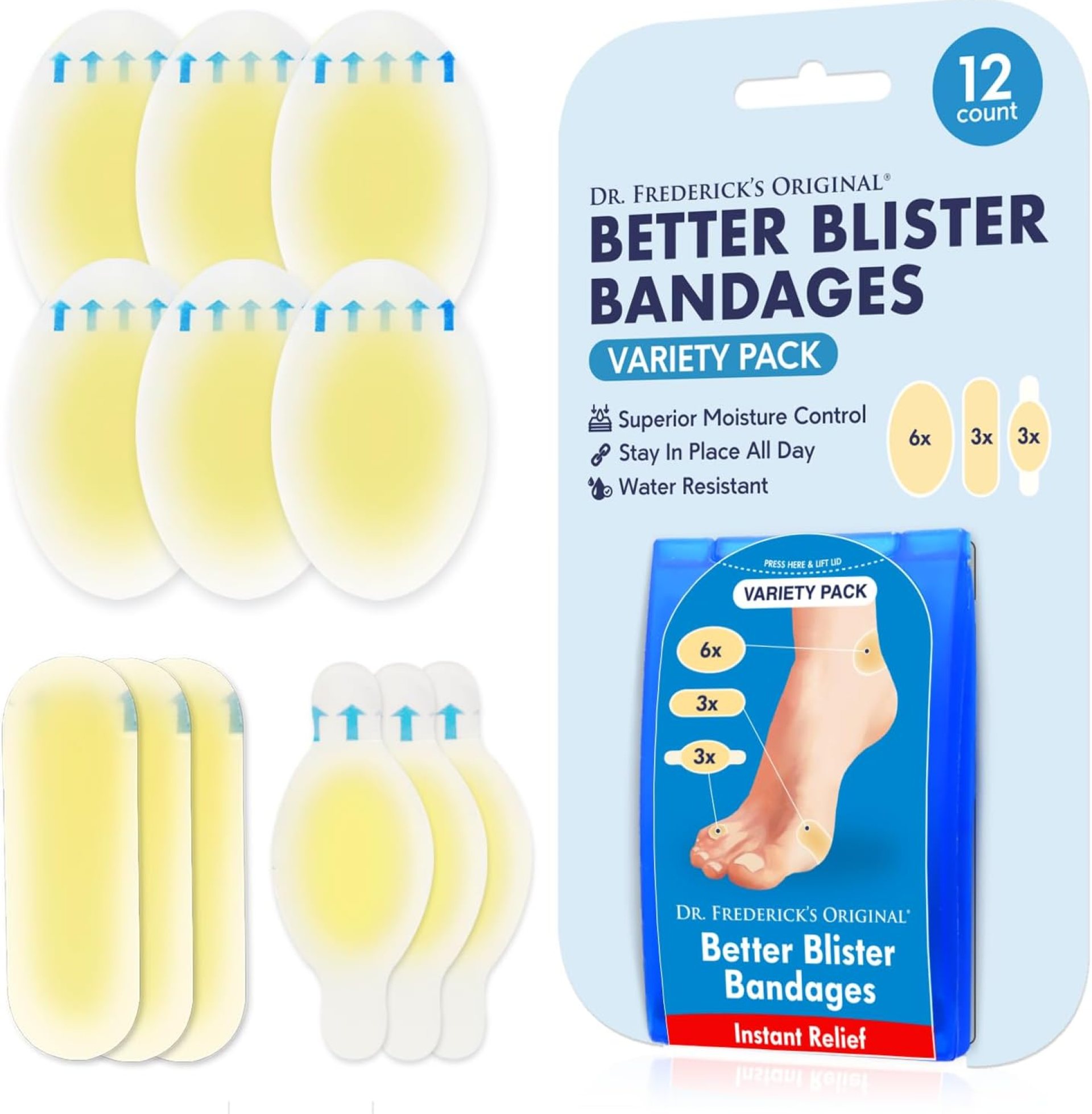 Dr. Frederick’s Original Better Blister Bandages – 12ct – Water Resistant – 40% More Cushioning – Hydrocolloid Bandages for Foot, Toe, & Heel – Blister Pads for Prevention & Recovery – Variety Pack Dr. Frederick’s Original Better Blister Bandages – 12ct – Water Resistant – 40% More Cushioning – Hydrocolloid Bandages for Foot, Toe, & Heel – Blister Pads for Prevention & Recovery – Variety Pack