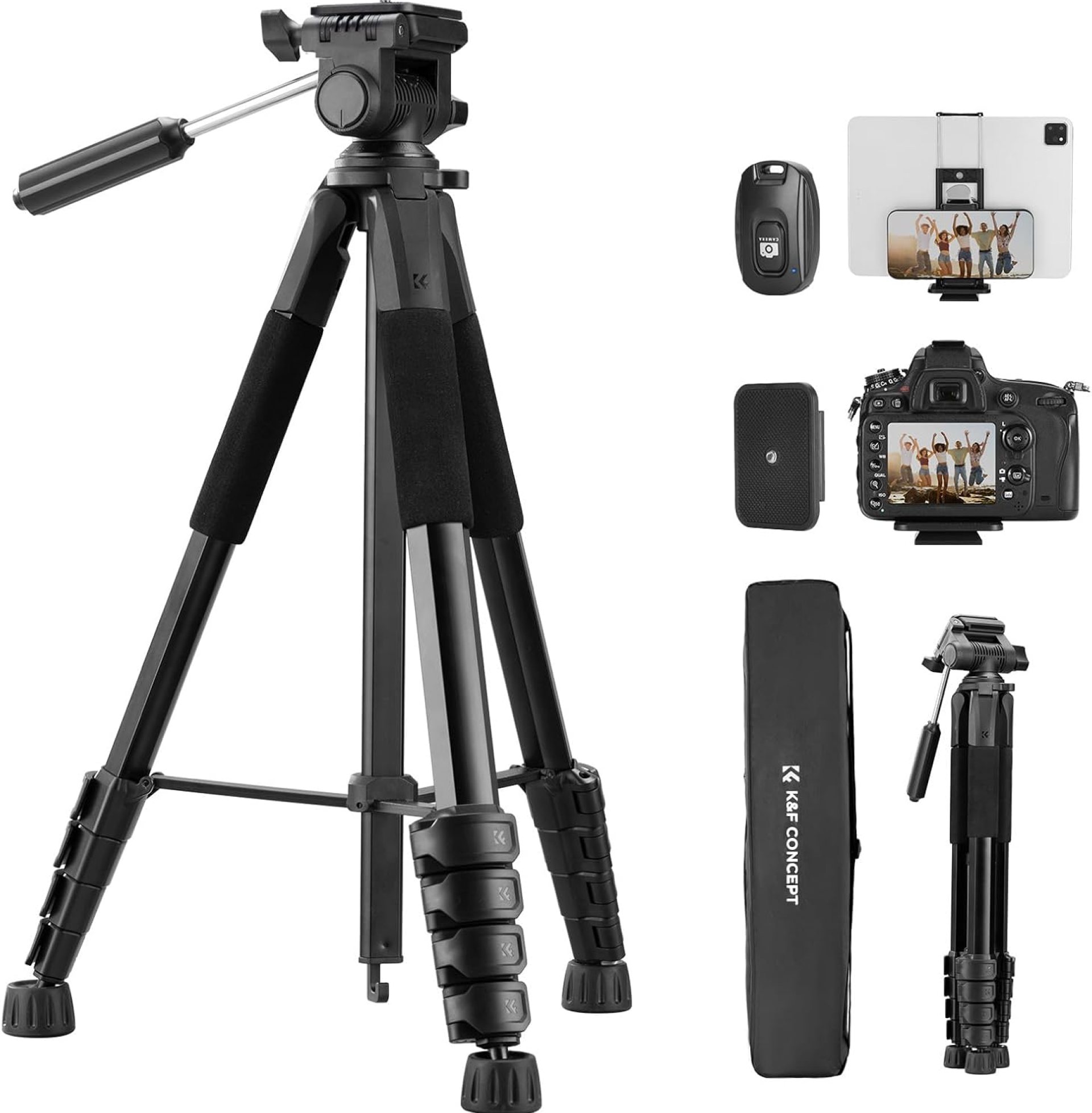 K&F Concept Camera Tripod, 75″ Lightweight Portable Travel Outdoor DSLR Tripods for Camera Phone Video Recording Tripod Stand, Cellphone Clip for Smartphone Live Streaming Vlog, Black K&F Concept Camera Tripod, 75″ Lightweight Portable Travel Outdoor DSLR Tripods for Camera Phone Video Recording Tripod Stand, Cellphone Clip for Smartphone Live Streaming Vlog, Black