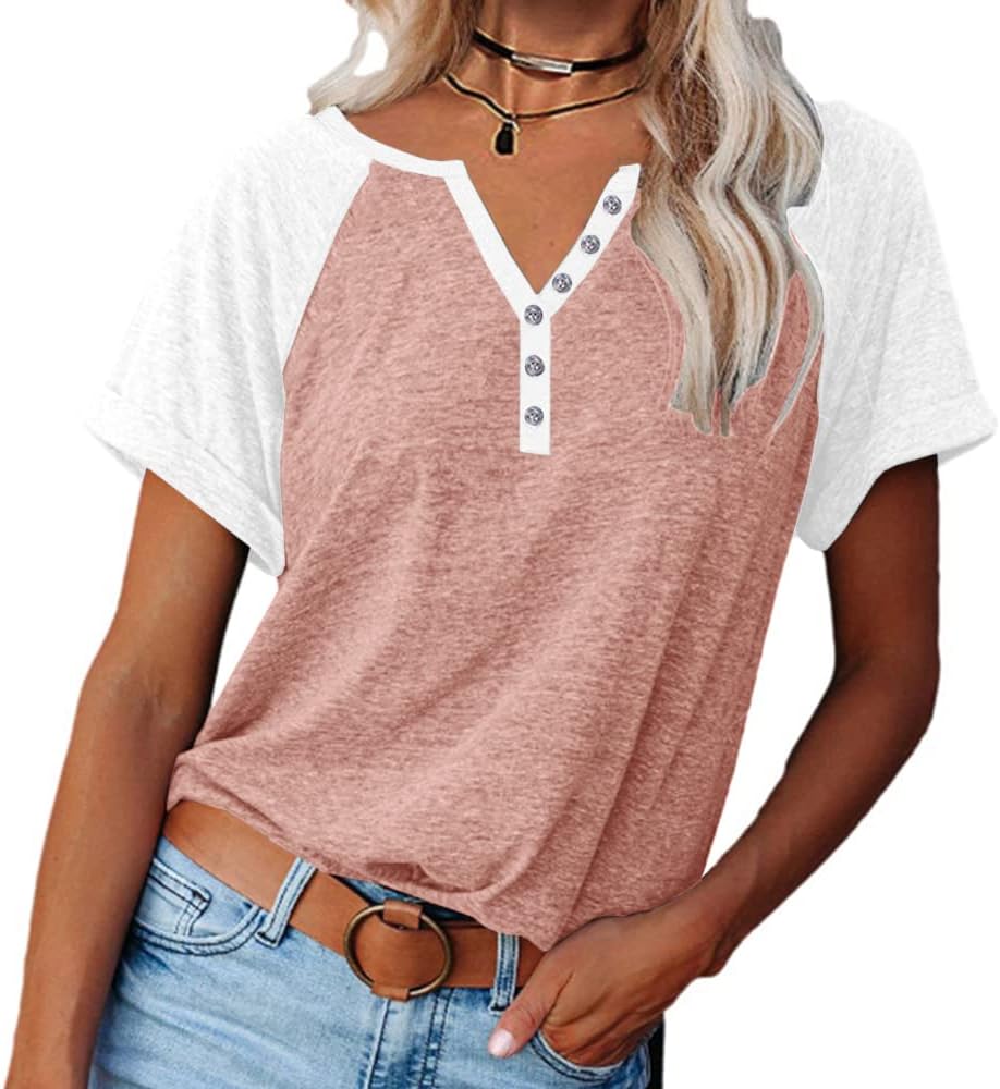 MaQiYa Womens V Neck Basic Tops Color Block Tunic T Shirts Summer Short Sleeve Casual Cotton Tees Shirts MaQiYa Womens V Neck Basic Tops Color Block Tunic T Shirts Summer Short Sleeve Casual Cotton Tees Shirts