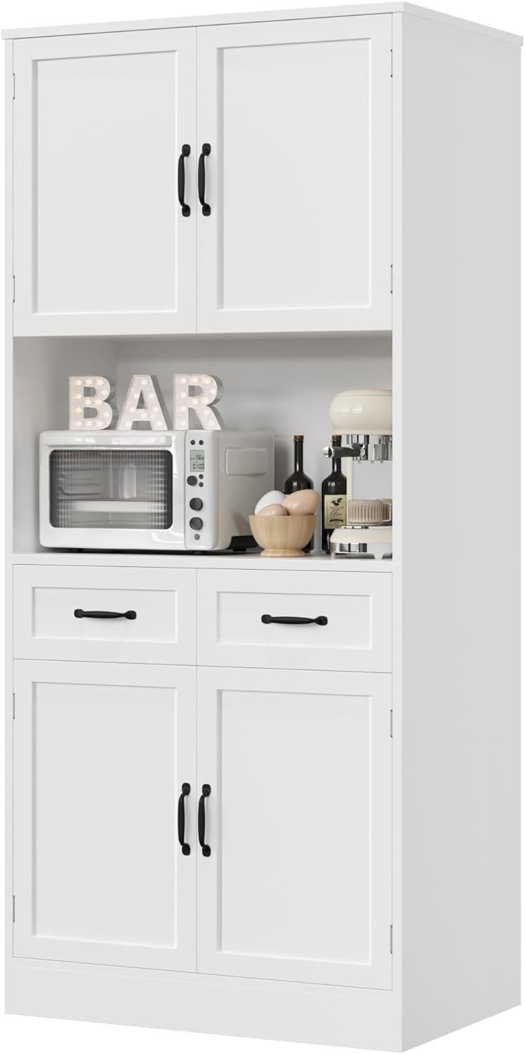 HOSTACK 71“ Tall Kitchen Pantry Storage Cabinet, Modern Kitchen Hutch Bar Cabinet with Microwave Stand, Wood Buffet Sideboard with Hutch, Cupboard with Drawers, Shelves for Dining Room, White HOSTACK 71“ Tall Kitchen Pantry Storage Cabinet, Modern Kitchen Hutch Bar Cabinet with Microwave Stand, Wood Buffet Sideboard with Hutch, Cupboard with Drawers, Shelves for Dining Room, White