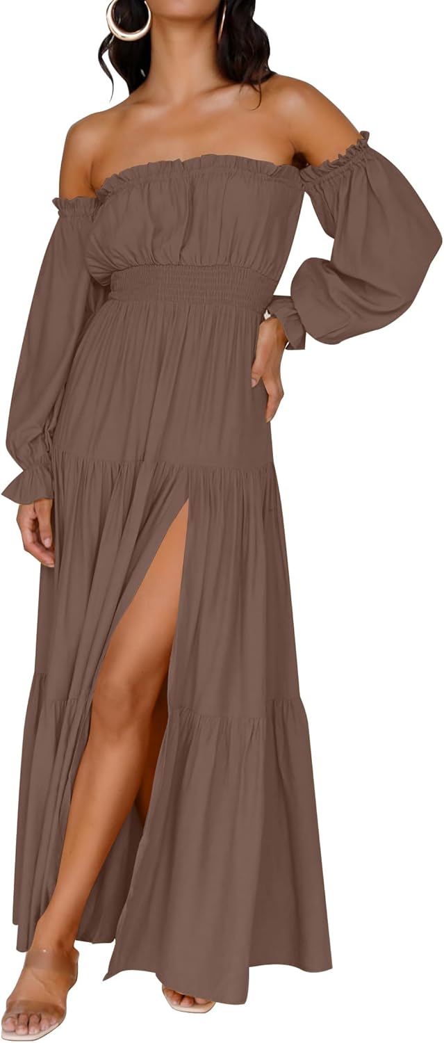 ZESICA Women’s 2025 Boho Sexy Off Shoulder Long Sleeve Smocked High Waist Side Split Flowy A Line Tiered Long Maxi Dress ZESICA Women’s 2025 Boho Sexy Off Shoulder Long Sleeve Smocked High Waist Side Split Flowy A Line Tiered Long Maxi Dress