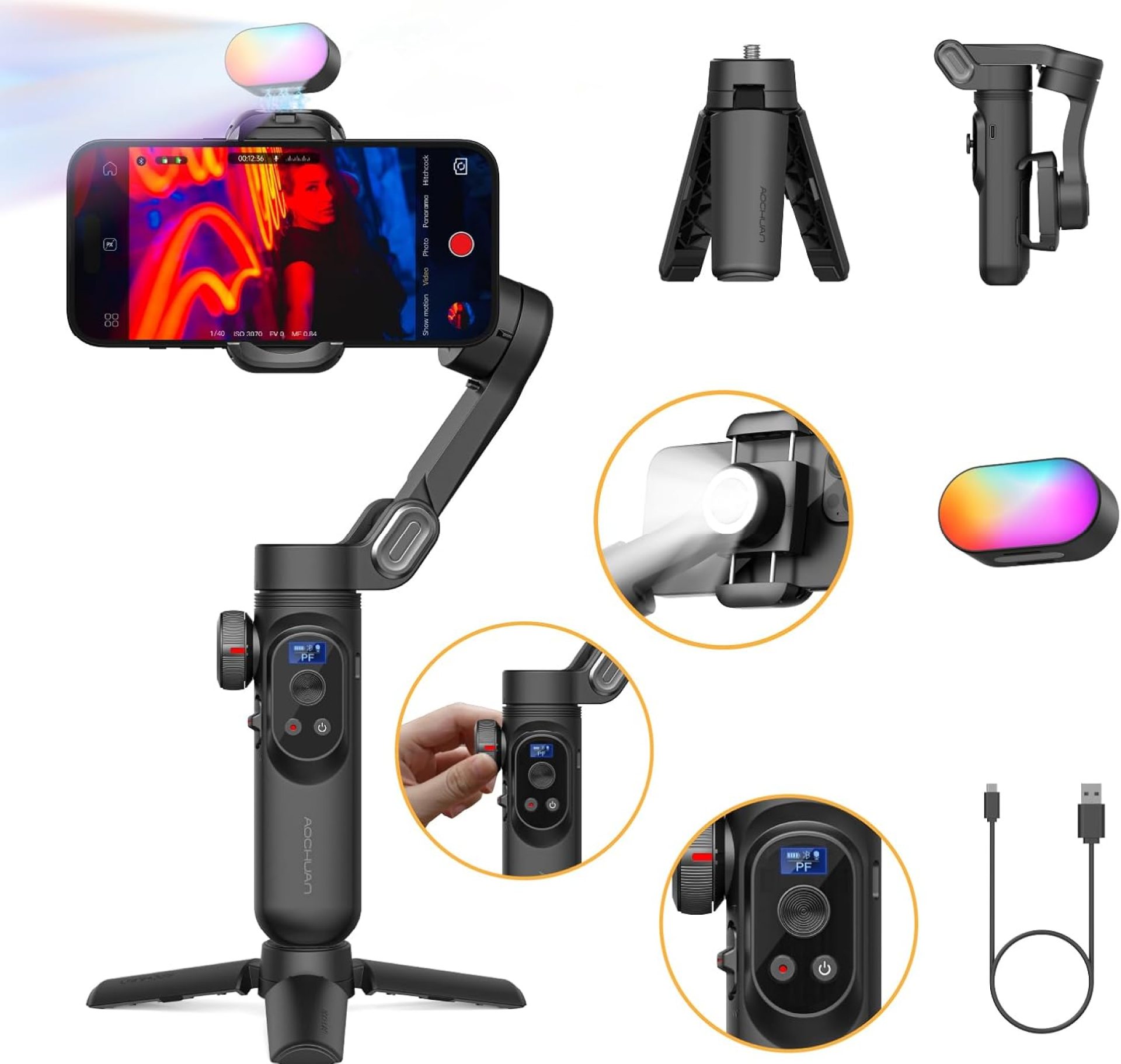 3-Axis Gimbal Stabilizer for Smartphone w/RGB Magnetic Fill Light – Foldable iPhone Gimbal w/Upgraded Face Tracking – Vlog Recording – Smart X Pro Kit 3-Axis Gimbal Stabilizer for Smartphone w/RGB Magnetic Fill Light – Foldable iPhone Gimbal w/Upgraded Face Tracking – Vlog Recording – Smart X Pro Kit