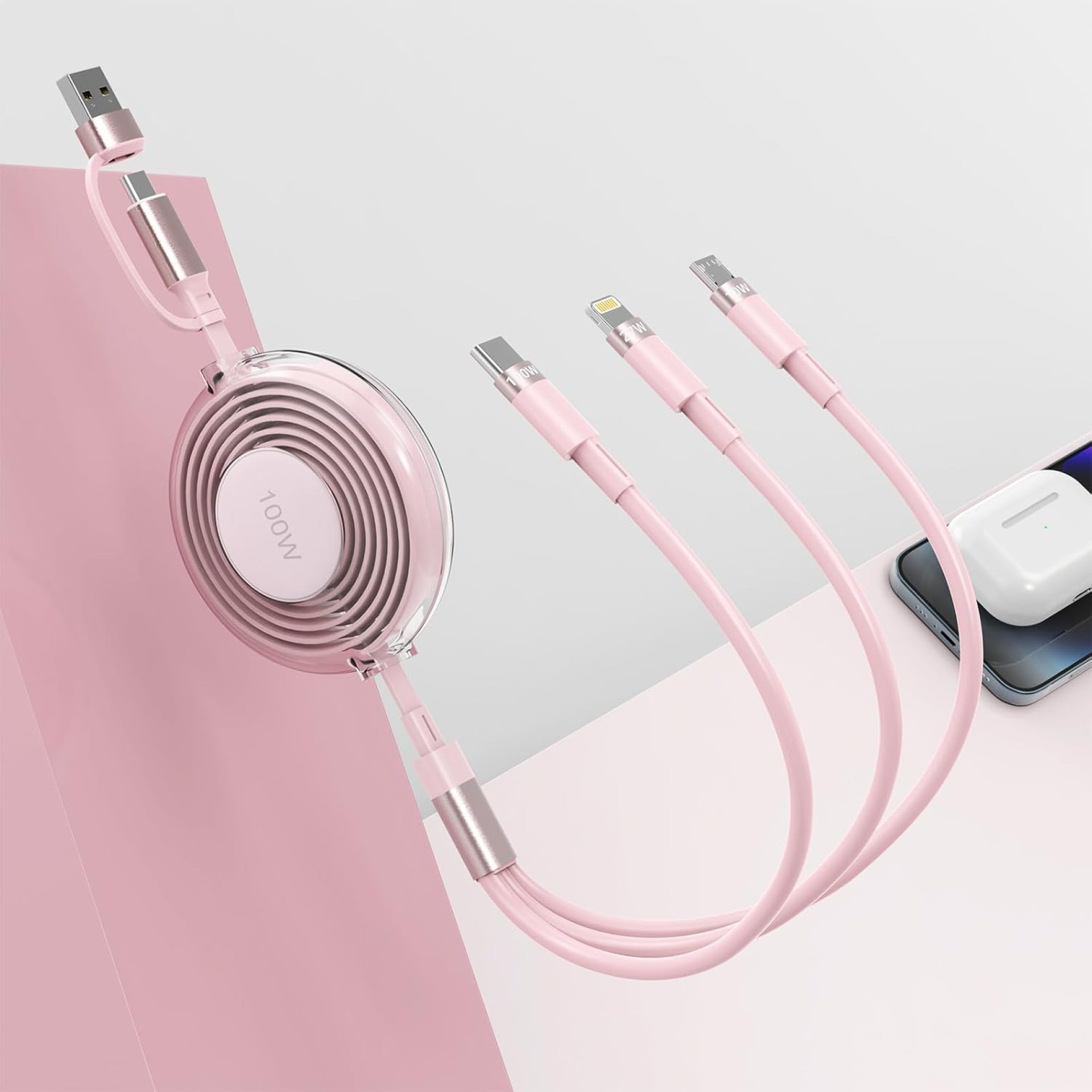 USB C Retractable Multi 5-in-1 USB A/Type C to Lightnning+USB C+Micro iPhone Charging Cable,100W+27W+10W PD Fast Multiple Charger Cord for iPhone 15 14 13 12/Samsung S23/iPad Pro/MacBook-Pink USB C Retractable Multi 5-in-1 USB A/Type C to Lightnning+USB C+Micro iPhone Charging Cable,100W+27W+10W PD Fast Multiple Charger Cord for iPhone 15 14 13 12/Samsung S23/iPad Pro/MacBook-Pink