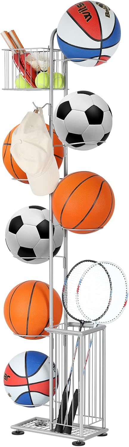 Garage Ball Storage Sports Equipment Organizer 7 Tier Basketball Rack Display Stand with Baskets and Hooks Freestanding Indoor & Outdoor Ball Rack Organizer Holder for Volleyball Football, Silver Garage Ball Storage Sports Equipment Organizer 7 Tier Basketball Rack Display Stand with Baskets and Hooks Freestanding Indoor & Outdoor Ball Rack Organizer Holder for Volleyball Football, Silver