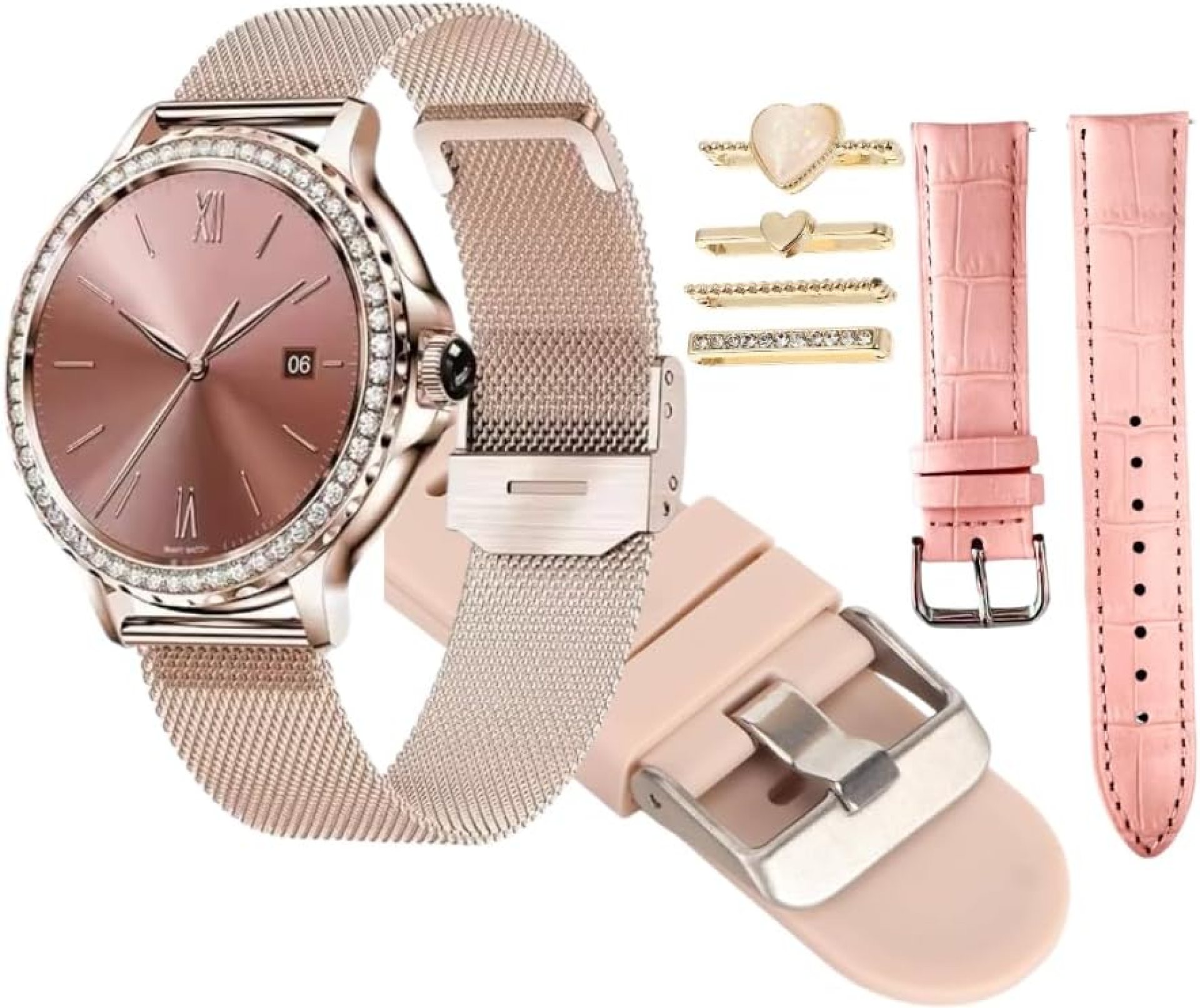 Smart Watch for Women Rose Gold with Diamonds.IP67 Fitness Tracker Sports Modes Smartwatches for Android iPhone iOS 3 Different Straps 4 Charms as Gift Smart Watch for Women Rose Gold with Diamonds.IP67 Fitness Tracker Sports Modes Smartwatches for Android iPhone iOS 3 Different Straps 4 Charms as Gift