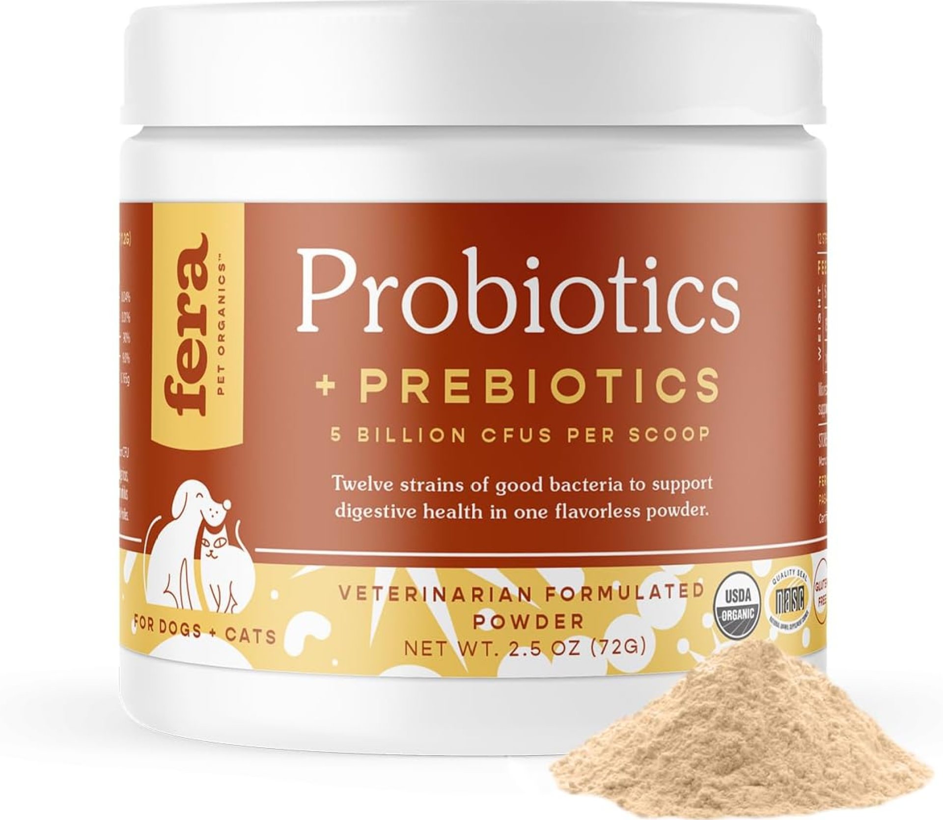 Fera Pet Organics Probiotics for Dogs & Cats – Vet Created – Cat & Dog Probiotic Supplement – 12 Strains & Prebiotics for Pet’s Digestion – 60 Scoops Fera Pet Organics Probiotics for Dogs & Cats – Vet Created – Cat & Dog Probiotic Supplement – 12 Strains & Prebiotics for Pet’s Digestion – 60 Scoops