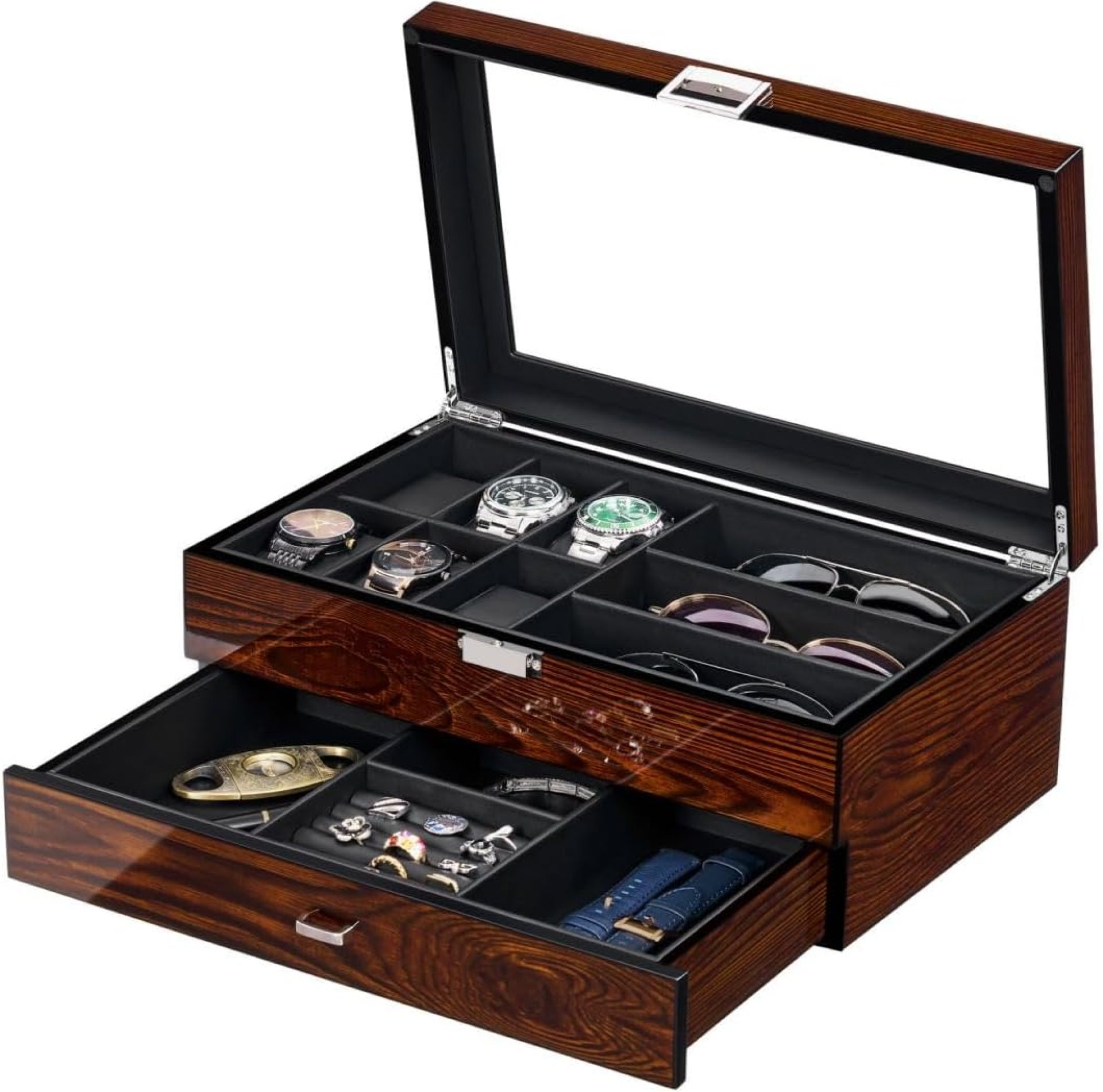 BEWISHOME Watch Box Watch Case Wood Mens Jewelry Box with Valet Drawer Watch Organizer Display Case with Large Glass Lid for Sunglasses Watch Storage, Smooth Faux Leather Interior, Brown SSH32Y BEWISHOME Watch Box Watch Case Wood Mens Jewelry Box with Valet Drawer Watch Organizer Display Case with Large Glass Lid for Sunglasses Watch Storage, Smooth Faux Leather Interior, Brown SSH32Y