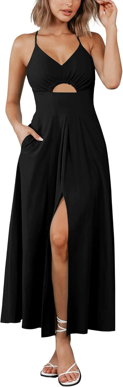 BTFBM Women 2025 Summer Spaghetti Strap Midi Dress Sleeveless V Neck Cutout Slit Casual Beach Party Maxi Dresses Pockets BTFBM Women 2025 Summer Spaghetti Strap Midi Dress Sleeveless V Neck Cutout Slit Casual Beach Party Maxi Dresses Pockets