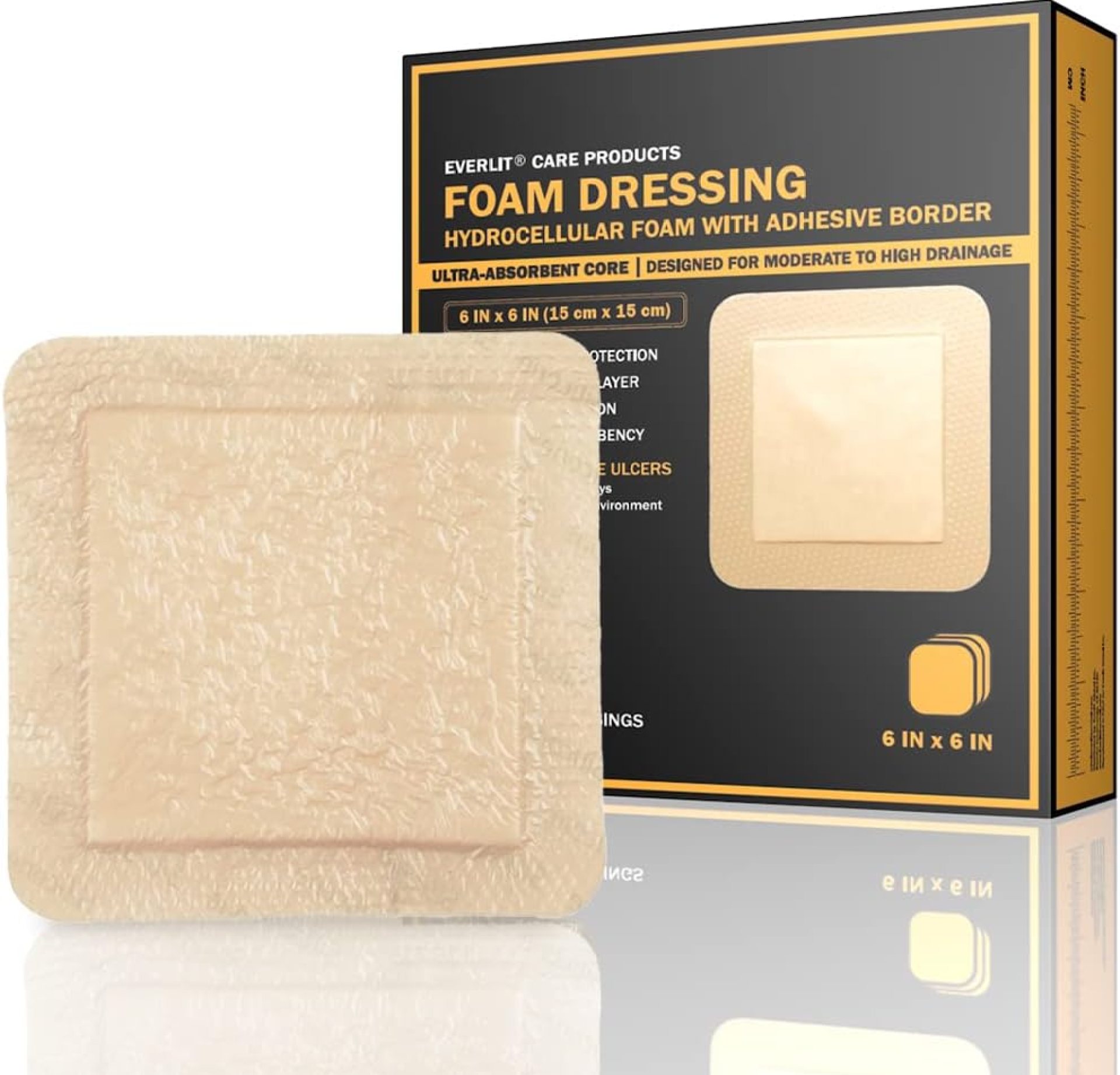 EVERLIT Silicone Foam Dressing with Gentle Adhesive Border | Sterile, Gentle, Highly Absorbent, Waterproof Bandage for Wound Care (6″ x 6″ | 5 Pack) EVERLIT Silicone Foam Dressing with Gentle Adhesive Border | Sterile, Gentle, Highly Absorbent, Waterproof Bandage for Wound Care (6″ x 6″ | 5 Pack)