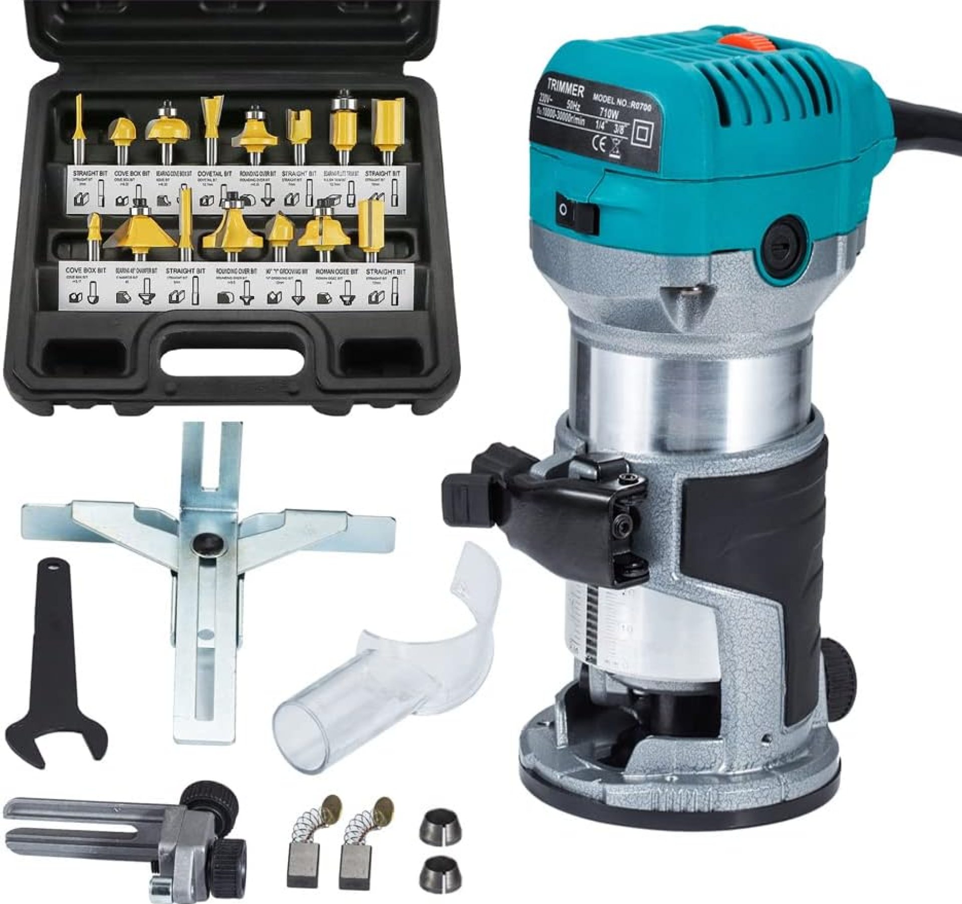 Anesty Compact Router with Trimmer/Fixed Base, Variable Speed Trim Router Palm Router Laminate Trimmer, 1/4″ 710W Electric Wood Router Tool Kit with 15 Router Bits for Woodworking Anesty Compact Router with Trimmer/Fixed Base, Variable Speed Trim Router Palm Router Laminate Trimmer, 1/4″ 710W Electric Wood Router Tool Kit with 15 Router Bits for Woodworking
