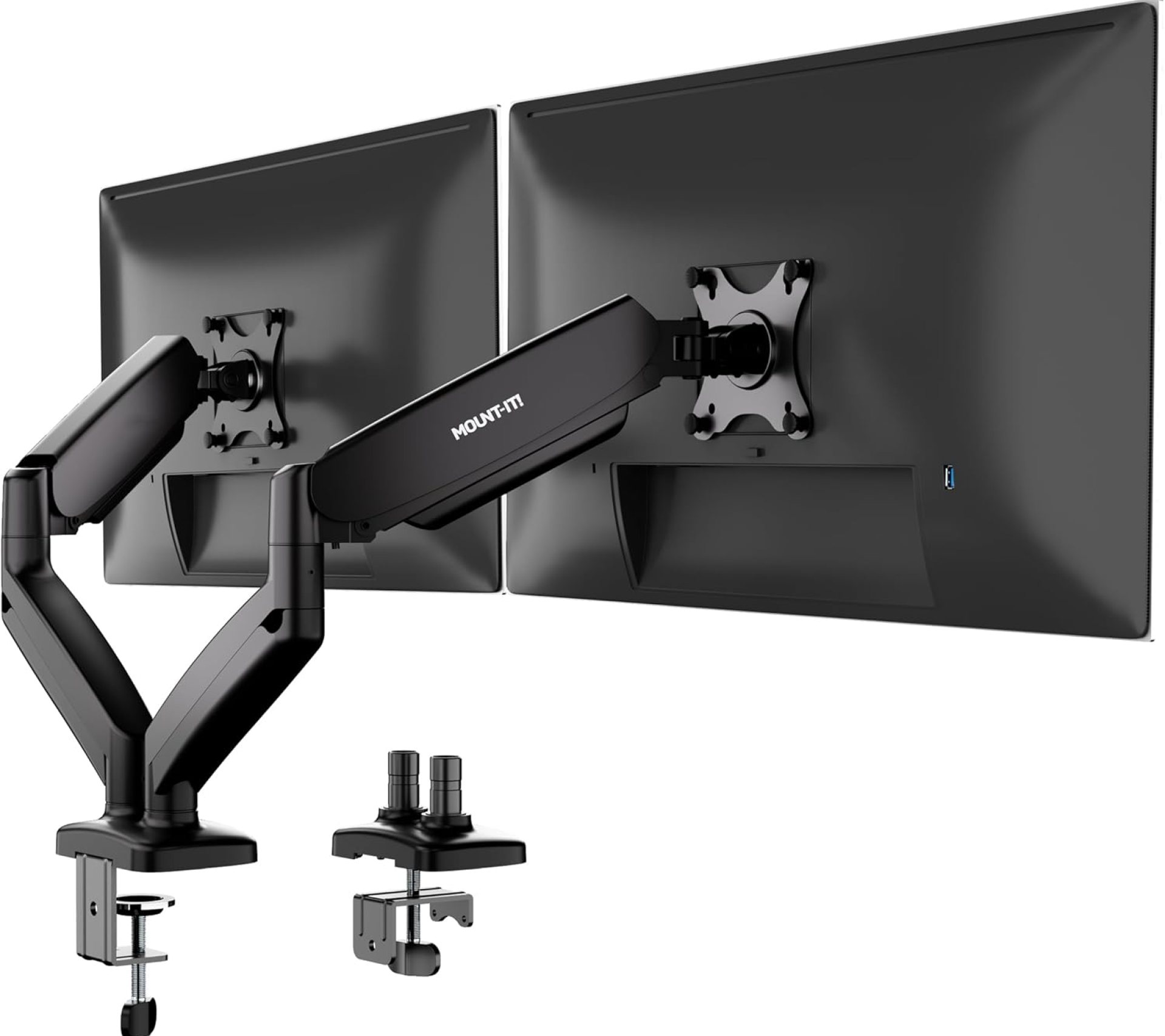 Mount-It! Dual Monitor Desk Mount – Full Motion Gas Spring Arms, Fits 13 to 32 Inch Screens, Holds 17.6 lbs per Arm, Dual Monitor Stand, VESA Mount, C-Clamp & Grommet Base Mount-It! Dual Monitor Desk Mount – Full Motion Gas Spring Arms, Fits 13 to 32 Inch Screens, Holds 17.6 lbs per Arm, Dual Monitor Stand, VESA Mount, C-Clamp & Grommet Base