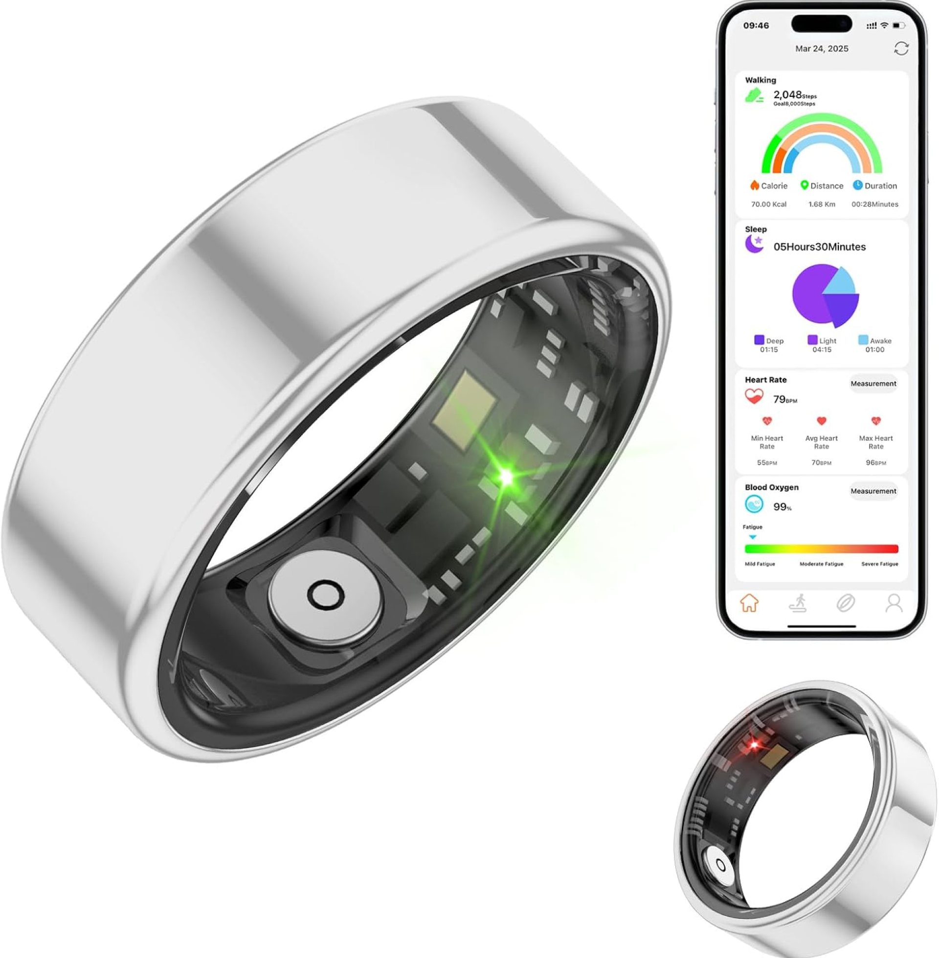 Smart Ring Health Tracker,Sleep Fitness Tracker Ring with Heart Rate,Blood Oxygen,Distance,Calories Monitoring,IP68 Waterproof Compatible with iOS/Android(Silver,12) Smart Ring Health Tracker,Sleep Fitness Tracker Ring with Heart Rate,Blood Oxygen,Distance,Calories Monitoring,IP68 Waterproof Compatible with iOS/Android(Silver,12)