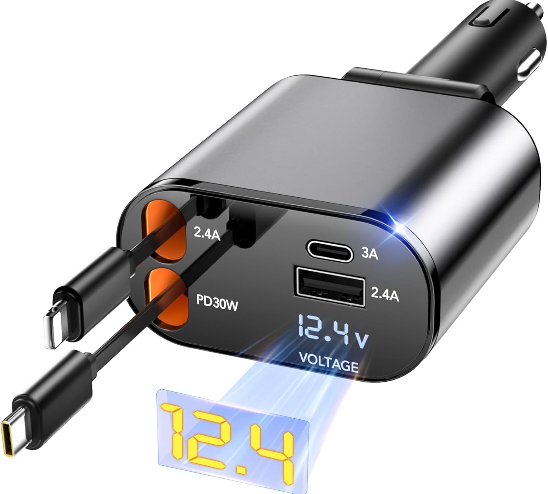 Retractable Car Charger, 4 in 1 Fast Car Phone Charger 66W, 2 Retractable Type C Cables and 2 USB Port Retractable Car Charger, 4 in 1 Fast Car Phone Charger 66W, 2 Retractable Type C Cables and 2 USB Port