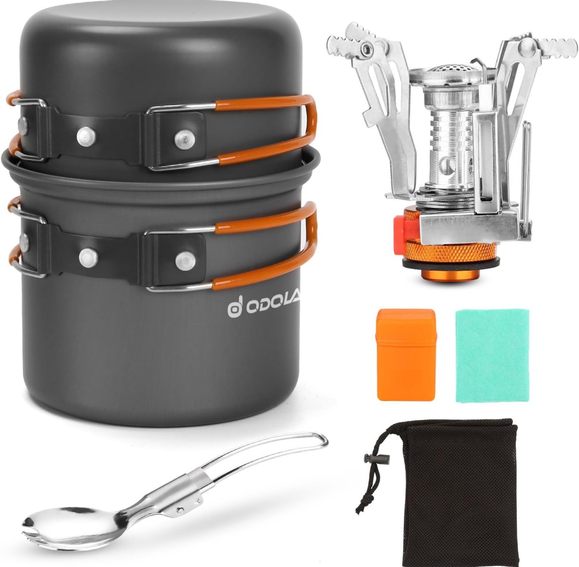 Odoland 6pcs Camping Cookware Mess Kit with Lightweight Pot, Stove, Spork and Carry Mesh Bag, Great for Backpacking Outdoor Camping Hiking and Picnic Odoland 6pcs Camping Cookware Mess Kit with Lightweight Pot, Stove, Spork and Carry Mesh Bag, Great for Backpacking Outdoor Camping Hiking and Picnic