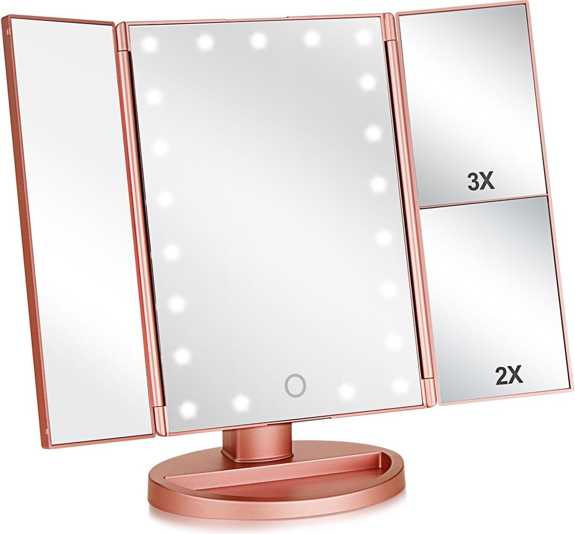 Tri-fold Lighted Vanity Makeup Mirror with 3x/2x Magnification,21 LEDs Light and Touch Screen,180 Degree Free Rotation Countertop Cosmetic Mirror,Travel (Rose Gold) Tri-fold Lighted Vanity Makeup Mirror with 3x/2x Magnification,21 LEDs Light and Touch Screen,180 Degree Free Rotation Countertop Cosmetic Mirror,Travel (Rose Gold)