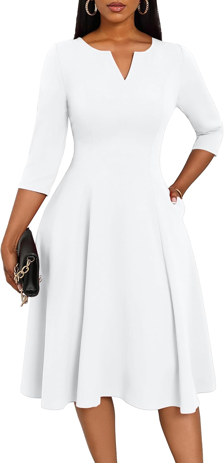 Nmoder Midi Dresses for Women A-Line Fit and Flare Dress 3/4 Sleeve V Neck Cocktail Wedding Guest Work Dress with Pockets Nmoder Midi Dresses for Women A-Line Fit and Flare Dress 3/4 Sleeve V Neck Cocktail Wedding Guest Work Dress with Pockets