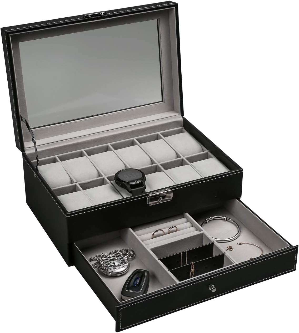 Ogrmar 12 Slot PU Leather Lockable Watch Storage Boxes, Men & Women Jewelry Display Drawer Case, 2-tier Organizer Watch Showcase with Glass Lid (Black) Ogrmar 12 Slot PU Leather Lockable Watch Storage Boxes, Men & Women Jewelry Display Drawer Case, 2-tier Organizer Watch Showcase with Glass Lid (Black)