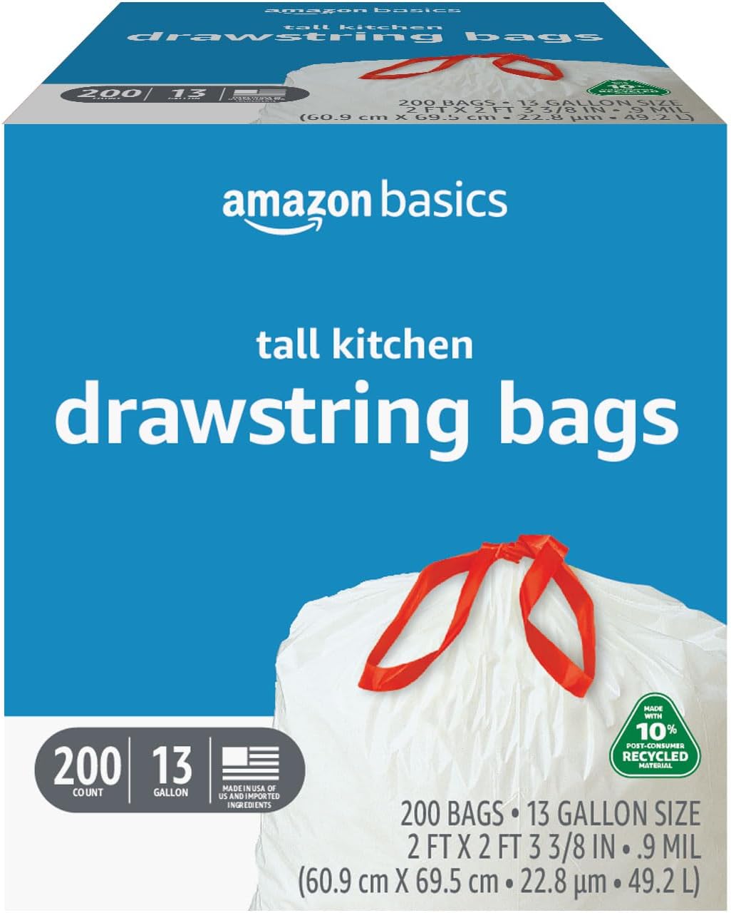 Amazon Basics 13 Gallon Tall Kitchen Drawstring Trash Bags, Unscented, 10% Post Consumer Recycled, 200 Count Amazon Basics 13 Gallon Tall Kitchen Drawstring Trash Bags, Unscented, 10% Post Consumer Recycled, 200 Count
