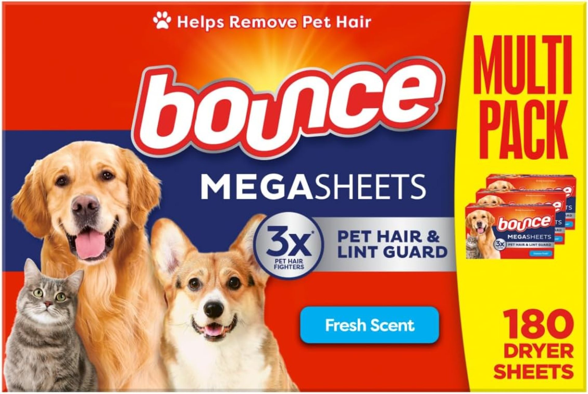 Bounce Pet Hair and Lint Guard Mega Fabric Softener Dryer Sheets with 3X Pet Hair Fighters, Fresh Scent, 180 Count, Bounce Dryer Sheets, Laundry Sheets, Mega Sheet Bounce Pet Hair and Lint Guard Mega Fabric Softener Dryer Sheets with 3X Pet Hair Fighters, Fresh Scent, 180 Count, Bounce Dryer Sheets, Laundry Sheets, Mega Sheet