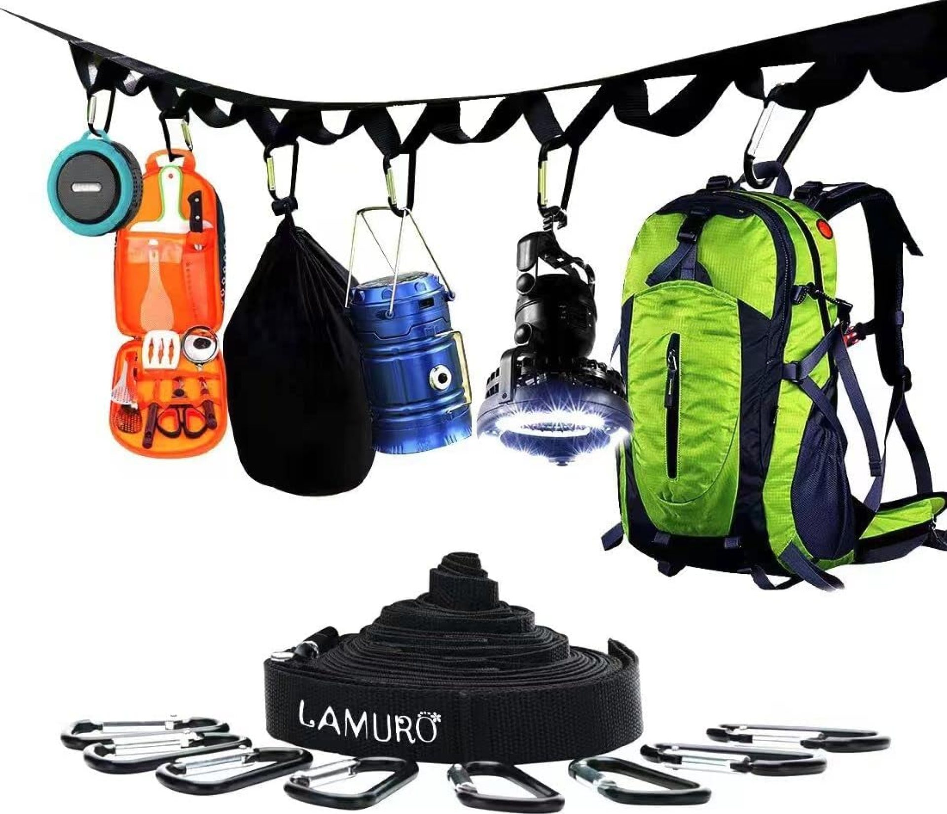 Campsite or Garden Supplies Storage Strap with 8 Hooks | Hanging Your Camping Gear from a Tree | Vertical or Horizontal Organizer Campsite or Garden Supplies Storage Strap with 8 Hooks | Hanging Your Camping Gear from a Tree | Vertical or Horizontal Organizer