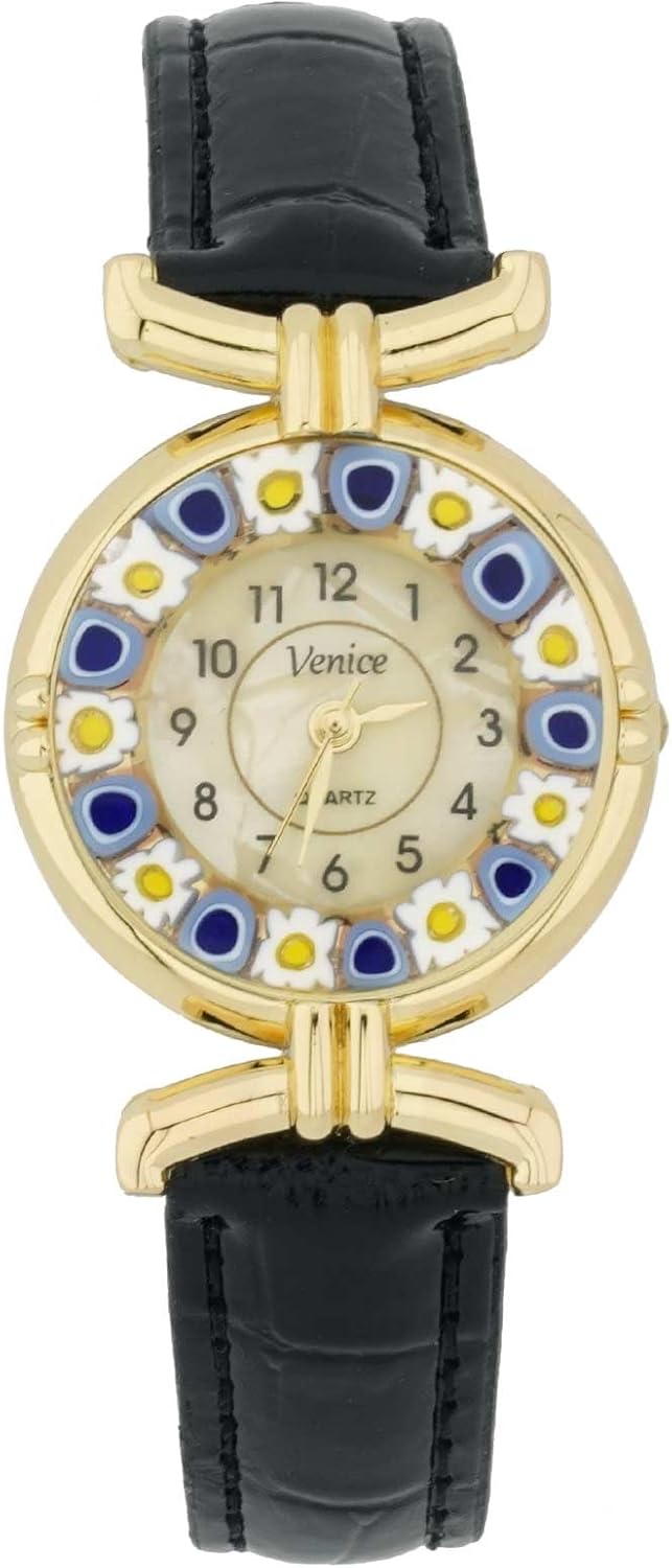 Glass Of Venice Murano Glass Millefiori Watch with Leather Band – Black Glass Of Venice Murano Glass Millefiori Watch with Leather Band – Black