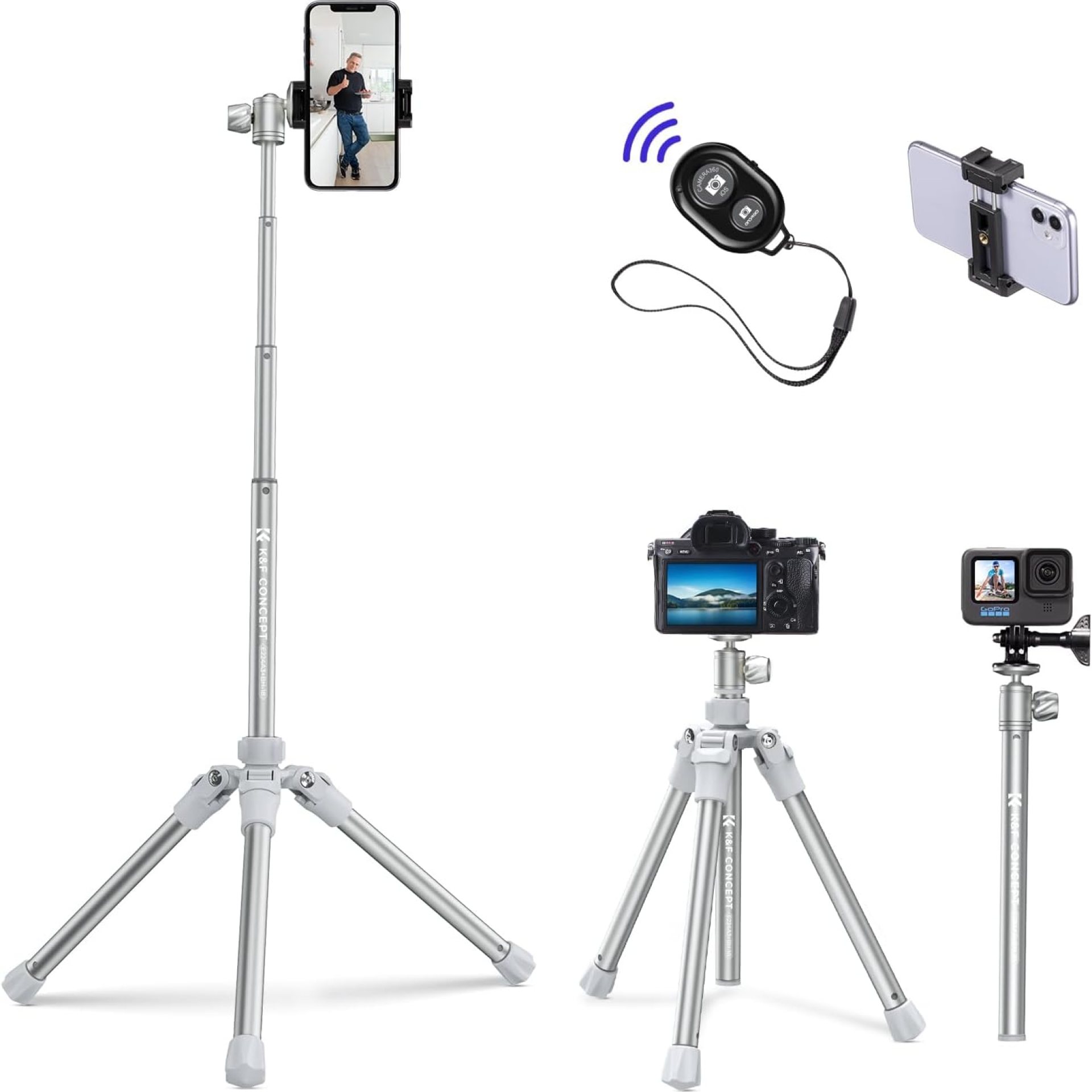 K&F Concept 67”/170cm Cellphone Tripod, 2-in-1 Lightweight Compact Portable Selfie Stick with Phone Holder, DSLR Camera Tripod with Smartphone Remote E224A3+BH-18 Silver K&F Concept 67”/170cm Cellphone Tripod, 2-in-1 Lightweight Compact Portable Selfie Stick with Phone Holder, DSLR Camera Tripod with Smartphone Remote E224A3+BH-18 Silver