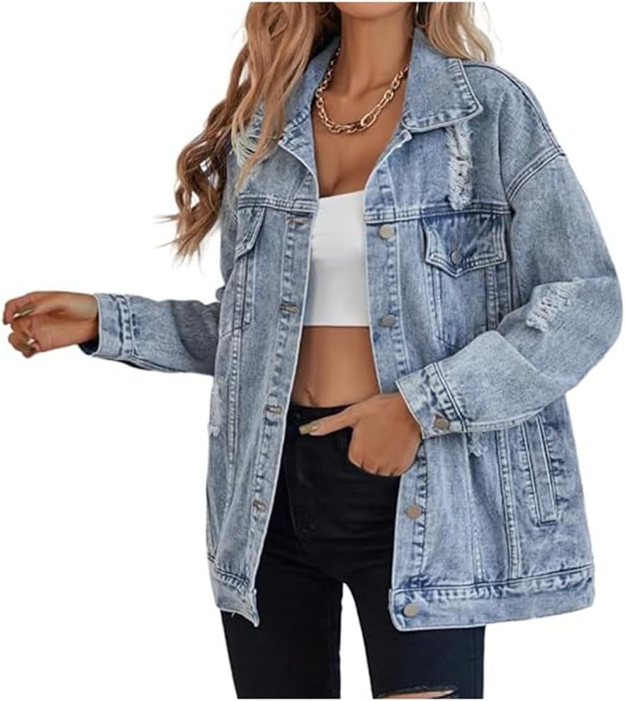 LifeShe Women’s long oversized denim jacket boyfriend ripped distressed jean jackets coat LifeShe Women’s long oversized denim jacket boyfriend ripped distressed jean jackets coat
