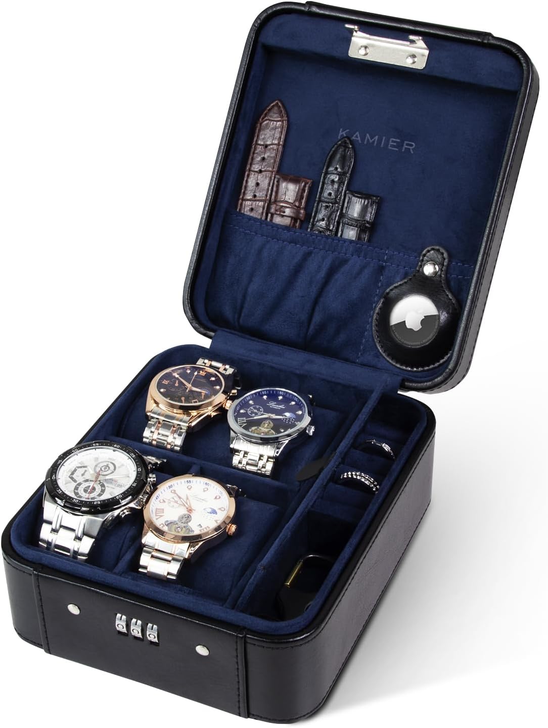 KAMIER Watch Case with Combination Lock – 4 Watch Storage and Jewelry Organizer – Watch Travel Case for Ring and Watch Storage, PU Leather Travel Watch Case, Ideal for Gift (With Gift Box),Black KAMIER Watch Case with Combination Lock – 4 Watch Storage and Jewelry Organizer – Watch Travel Case for Ring and Watch Storage, PU Leather Travel Watch Case, Ideal for Gift (With Gift Box),Black