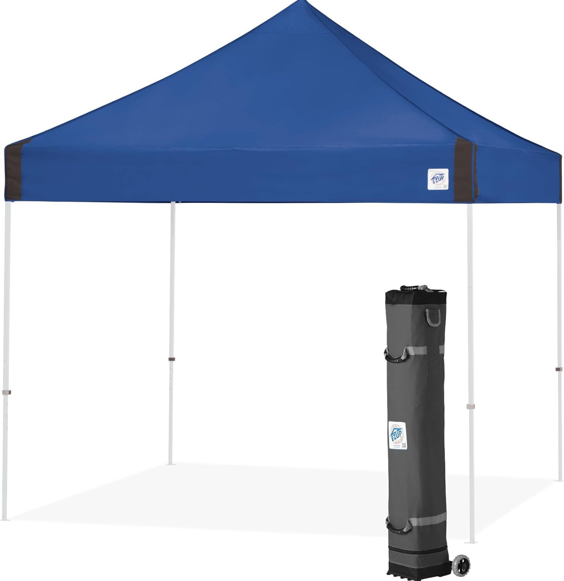E-Z UP Vantage Instant Shelter Canopy, 10′ x 10′, White Powder-Coated Steel Frame with Wide-Trax Roller Bag & 4 Piece Spike Set, Blue E-Z UP Vantage Instant Shelter Canopy, 10′ x 10′, White Powder-Coated Steel Frame with Wide-Trax Roller Bag & 4 Piece Spike Set, Blue