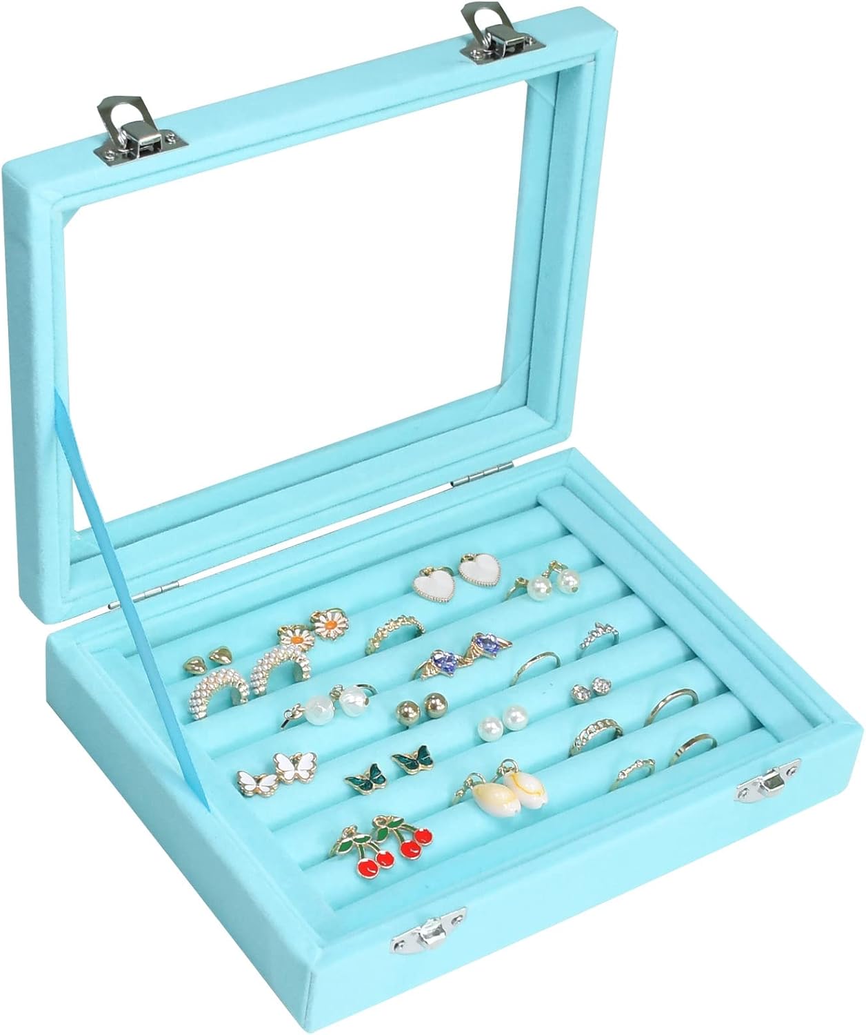 Rings Organizer Tray 7 Slots Velvet Jewelry Earring Storage Box with Transparent lid Jewelry Display Case for Girls Wife Mom Women (Light Blue) Rings Organizer Tray 7 Slots Velvet Jewelry Earring Storage Box with Transparent lid Jewelry Display Case for Girls Wife Mom Women (Light Blue)
