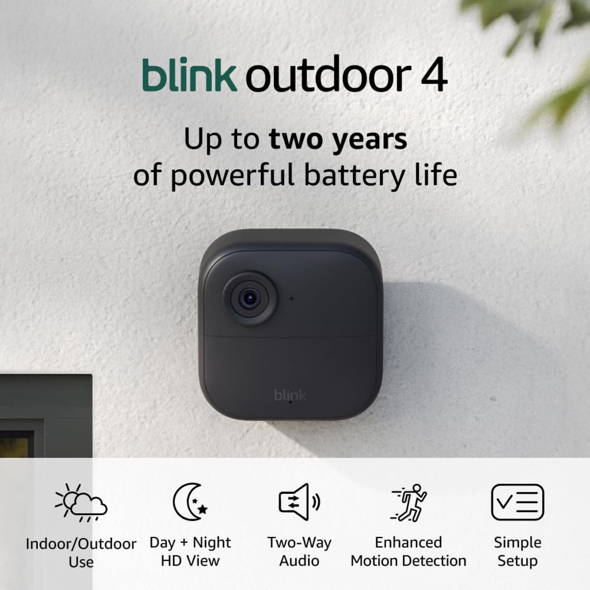 Like-New Blink Outdoor 4 (newest model), Wire-free smart security camera, two-year battery life, two-way audio, HD live view, enhanced motion detection, Works with Alexa – 2 camera system Like-New Blink Outdoor 4 (newest model), Wire-free smart security camera, two-year battery life, two-way audio, HD live view, enhanced motion detection, Works with Alexa – 2 camera system