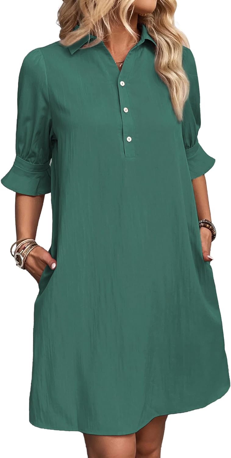 FENSACE Womens Casual Shirt Dress Ruffle Sleeve Button Down Shift Summer Dresses with Pockets FENSACE Womens Casual Shirt Dress Ruffle Sleeve Button Down Shift Summer Dresses with Pockets