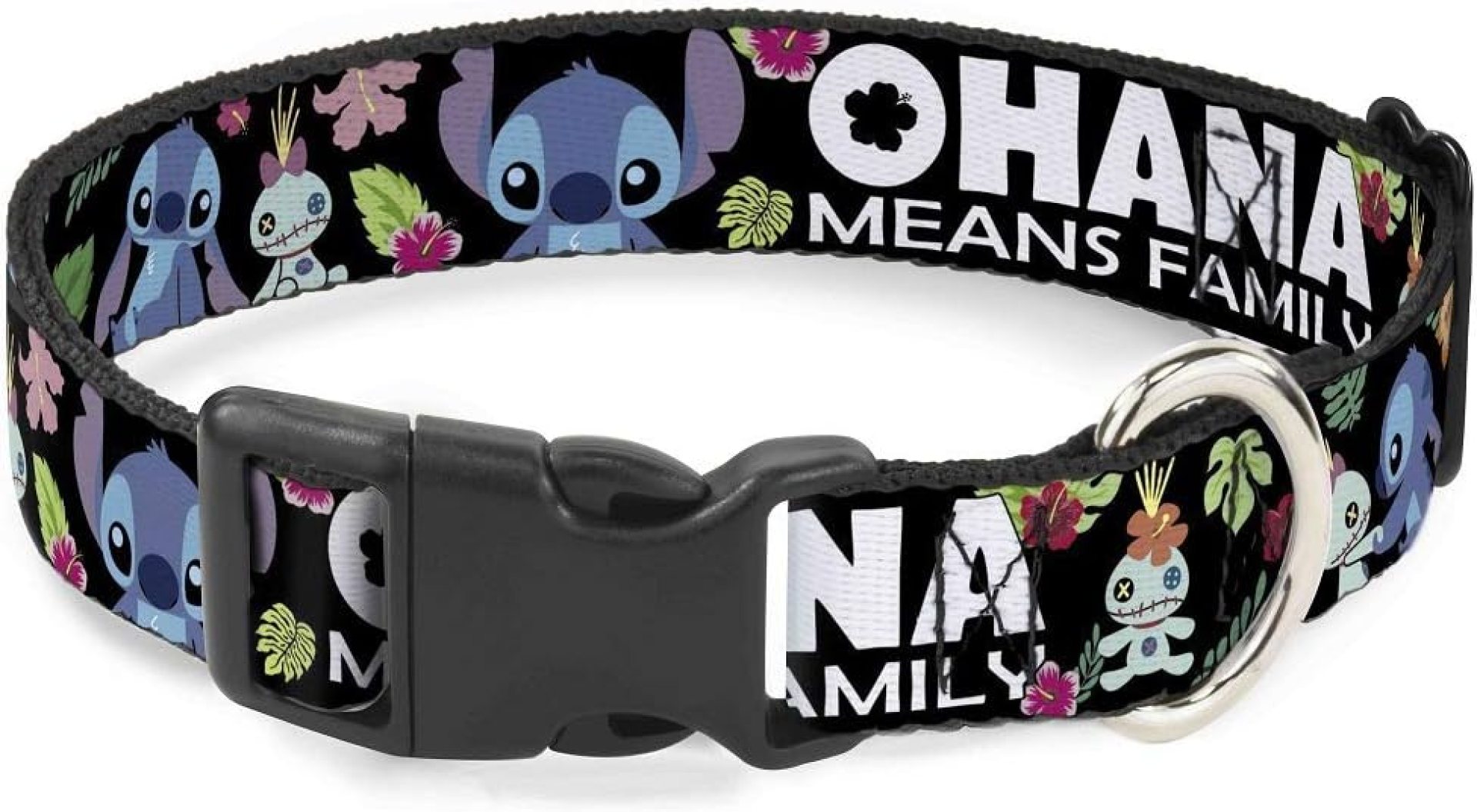 Buckle-Down Ohana Means Family/Stitch & Scrump Poses/Tropical Flora Plastic Clip Collar, Wide Medium/16-23″ Buckle-Down Ohana Means Family/Stitch & Scrump Poses/Tropical Flora Plastic Clip Collar, Wide Medium/16-23″