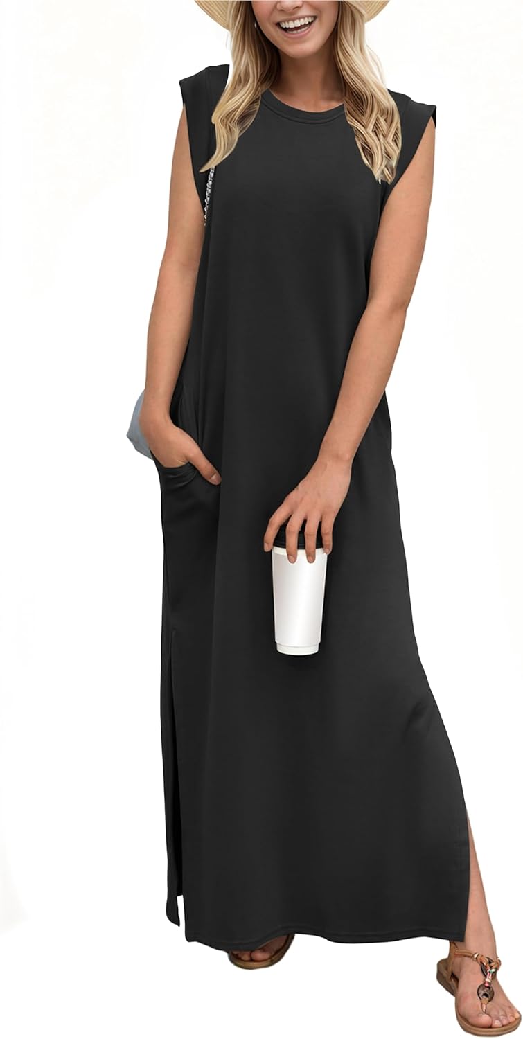 GRECERELLE 2025 Women Summer Round Neck Casual Loose Split Wrinkle-Free Long Maxi Beach Dress with Pockets (XS-3XL) GRECERELLE 2025 Women Summer Round Neck Casual Loose Split Wrinkle-Free Long Maxi Beach Dress with Pockets (XS-3XL)