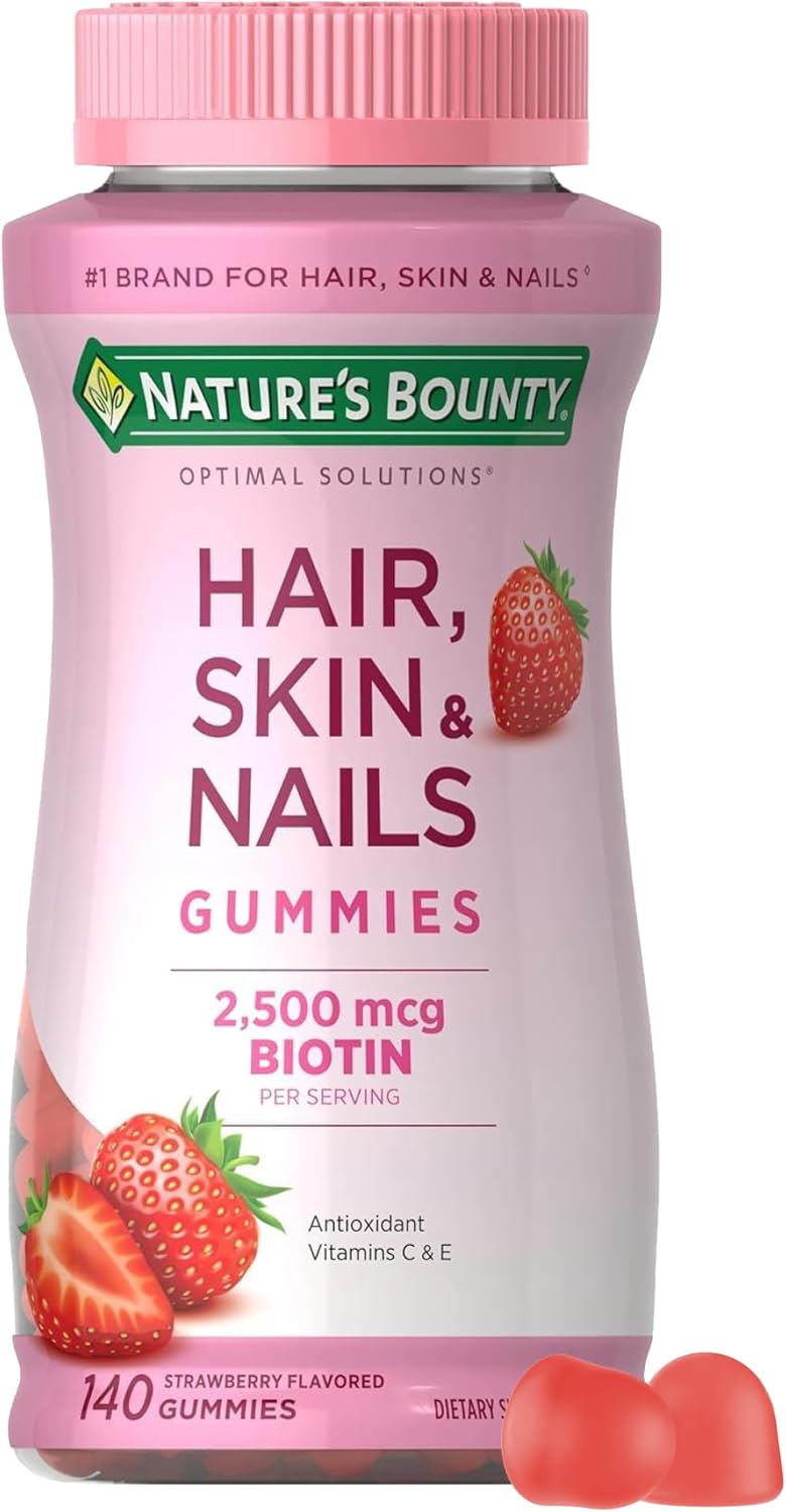 Nature’s Bounty Hair, Skin & Nails with Biotin, Strawberry Gummies Vitamin Supplement, Supports Hair, Skin, and Nail Health for Women, 2500 mcg, 140 Ct Nature’s Bounty Hair, Skin & Nails with Biotin, Strawberry Gummies Vitamin Supplement, Supports Hair, Skin, and Nail Health for Women, 2500 mcg, 140 Ct