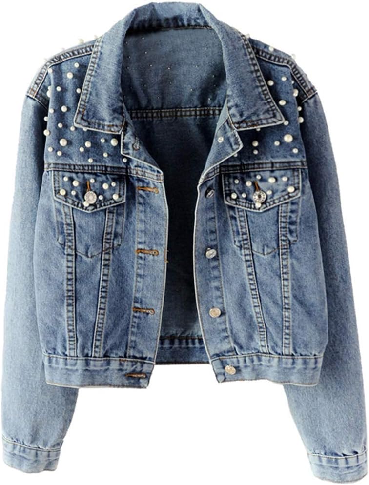 Kedera Women Oversized Denim Jacket Embroidered Pearls Beading Jeans Coat Kedera Women Oversized Denim Jacket Embroidered Pearls Beading Jeans Coat