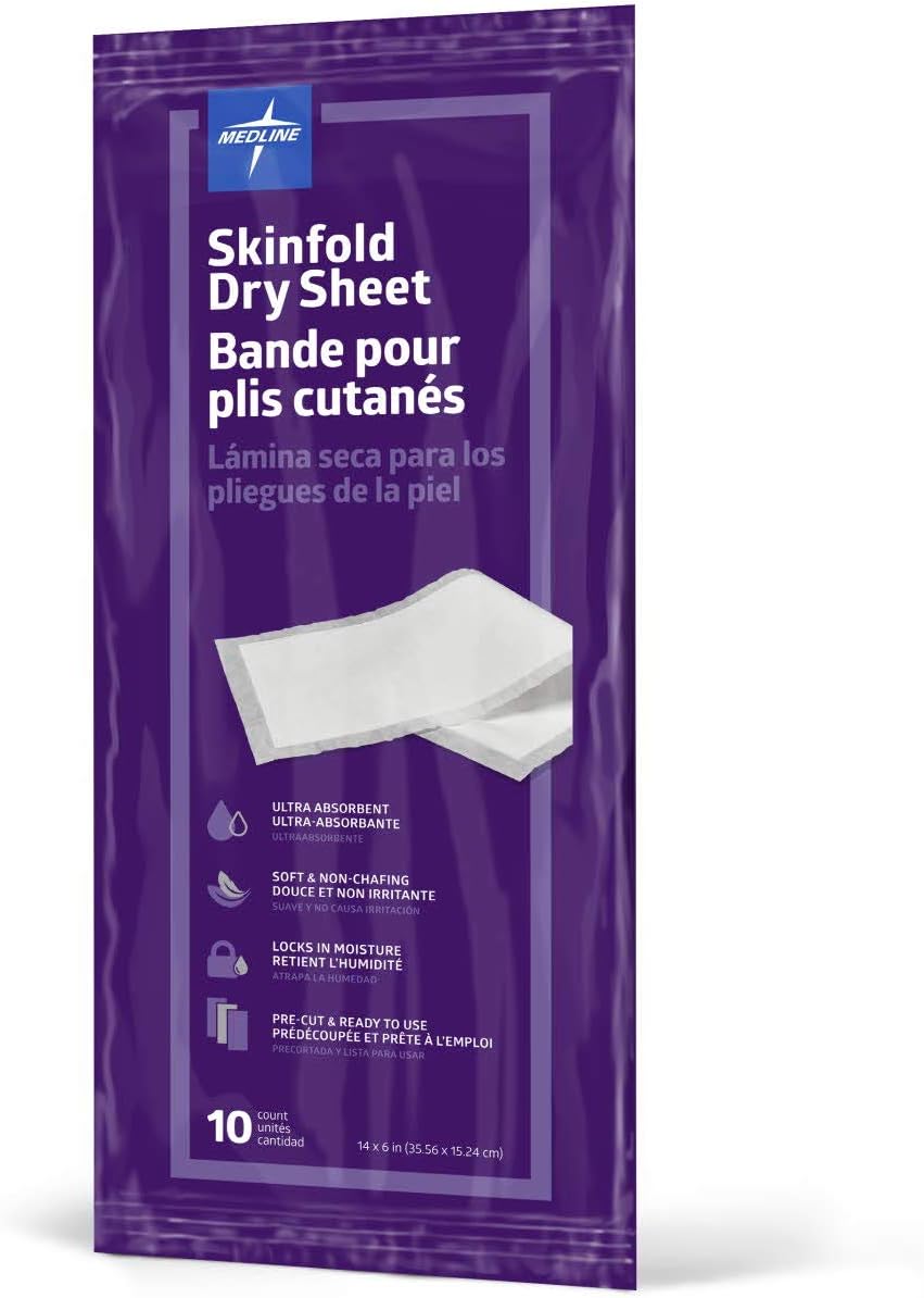 Medline Skinfold Dry Sheet, Skin Moisture Management, Soft, Non-Chafing, Pre-Cut & Ready to Use, 6″ x 14″ (10 Count) Medline Skinfold Dry Sheet, Skin Moisture Management, Soft, Non-Chafing, Pre-Cut & Ready to Use, 6″ x 14″ (10 Count)
