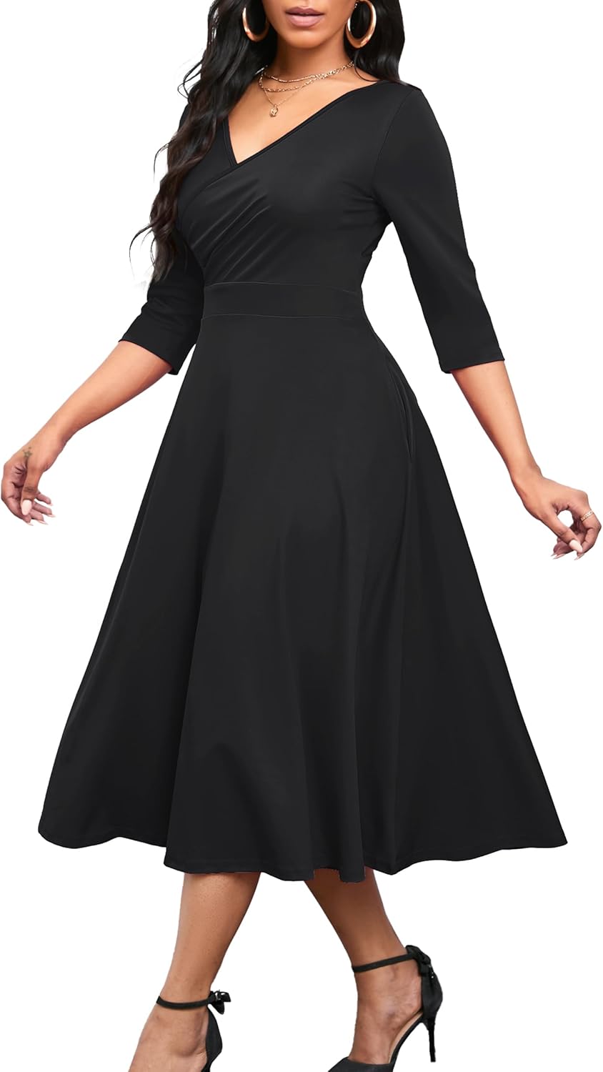 Nmoder Women’s Casual Wrap Flared Midi Dress Wedding Guest Cocktail Tea Dresses A-Line Swing V-Neck 3/4 Sleeve Nmoder Women’s Casual Wrap Flared Midi Dress Wedding Guest Cocktail Tea Dresses A-Line Swing V-Neck 3/4 Sleeve