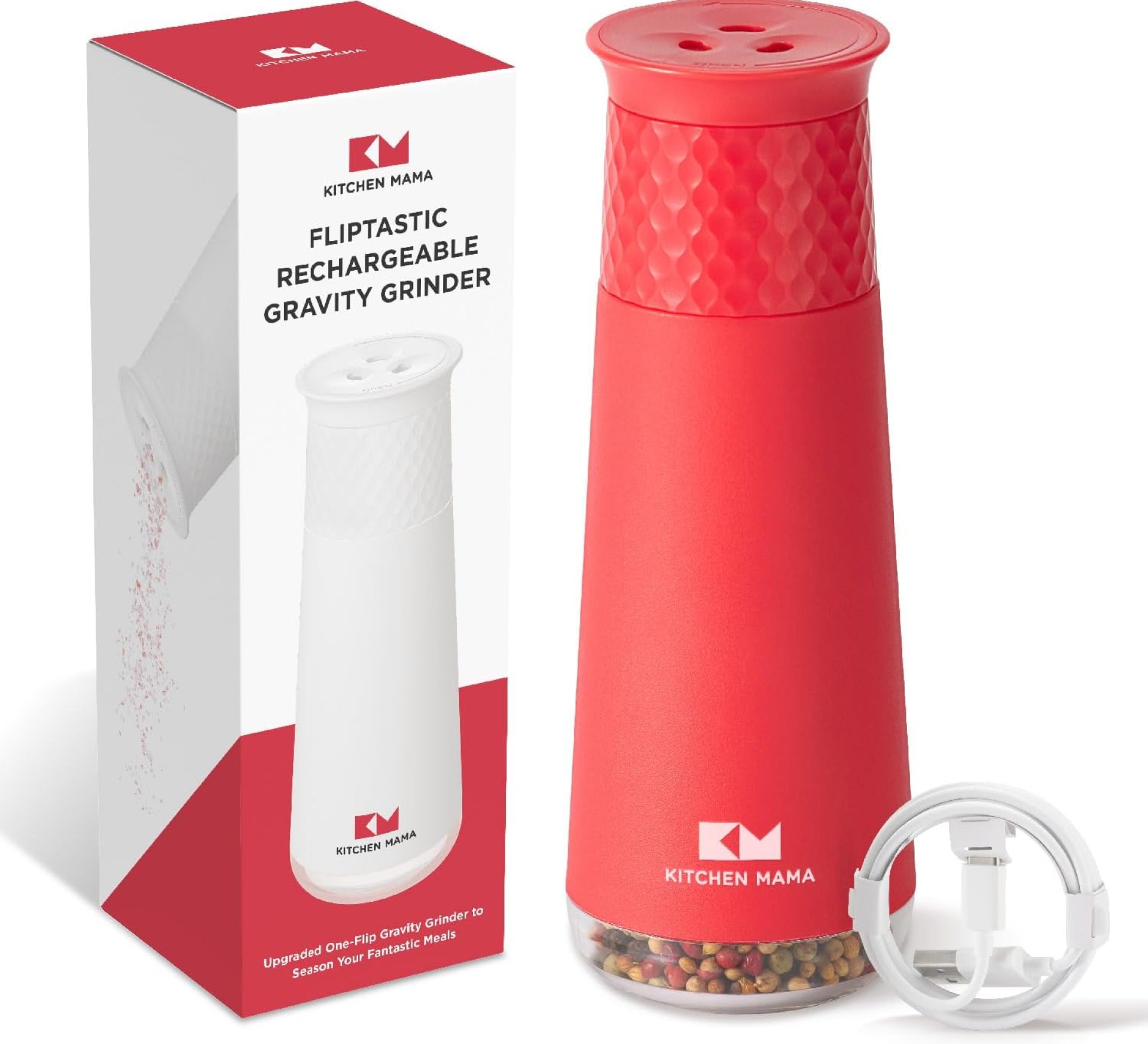 Kitchen Mama FlipTastic Rechargeable Salt and Pepper Grinder – Gravity Electric Grinder, Pepper Mill, Adjustable Coarseness, One-Hand Operation, Refillable Salt and Pepper Mill for Kitchen (Red) Kitchen Mama FlipTastic Rechargeable Salt and Pepper Grinder – Gravity Electric Grinder, Pepper Mill, Adjustable Coarseness, One-Hand Operation, Refillable Salt and Pepper Mill for Kitchen (Red)