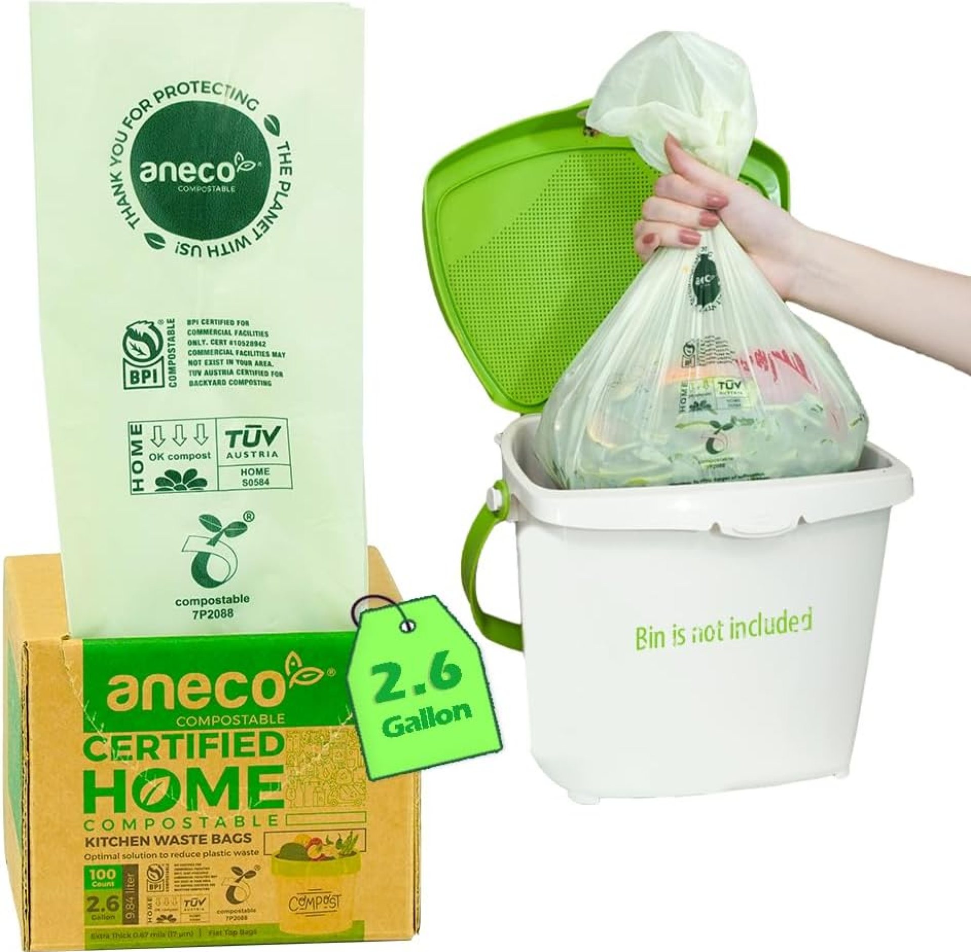 ANECO 100% Compostable Waste Bags 2.6 Gallon, Extra Thick Kitchen Small Compost Bags for Countertop Bin (100 Count) ANECO 100% Compostable Waste Bags 2.6 Gallon, Extra Thick Kitchen Small Compost Bags for Countertop Bin (100 Count)