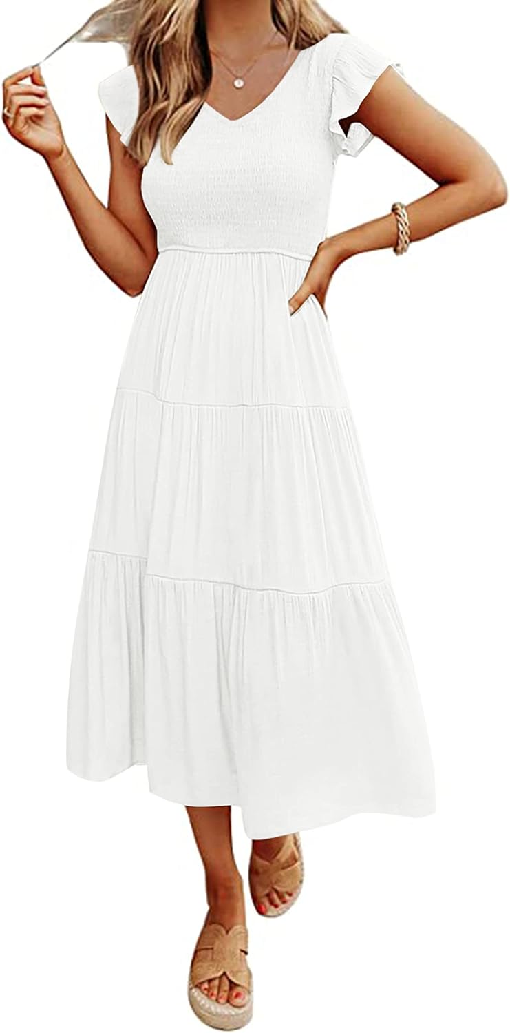 MEROKEETY Women’s Flutter Sleeve Smocked Midi Dress V Neck Casual Tiered Dresses with Pockets MEROKEETY Women’s Flutter Sleeve Smocked Midi Dress V Neck Casual Tiered Dresses with Pockets