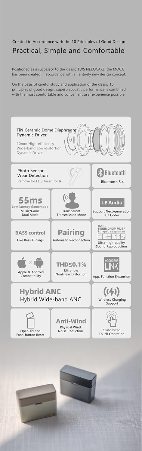 Moondrop MOCA Earphone ANC TWS Low Latency Automatic Reconnection Wireless Charging BASS Control in-Ear Headphones (Gray) Moondrop MOCA Earphone ANC TWS Low Latency Automatic Reconnection Wireless Charging BASS Control in-Ear Headphones (Gray)