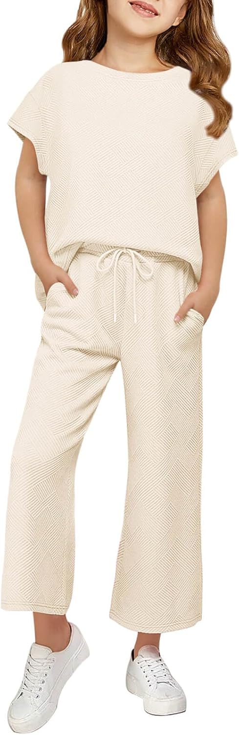 Haloumoning Girls’ Clothing Sets Kids Fashion Short Sleeve Crew Neck Tops Wide Leg Pants Sweatsuit with Pocket 5-14Y Haloumoning Girls’ Clothing Sets Kids Fashion Short Sleeve Crew Neck Tops Wide Leg Pants Sweatsuit with Pocket 5-14Y